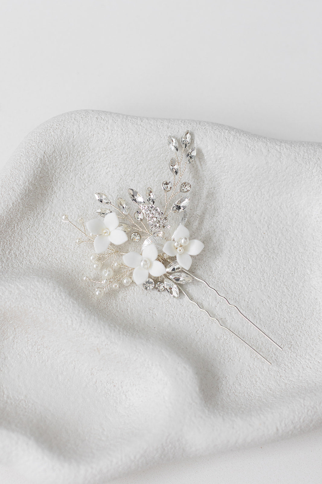 Lana - Porcelain Flower, Crystal & Pearl Bridal Hair Pin