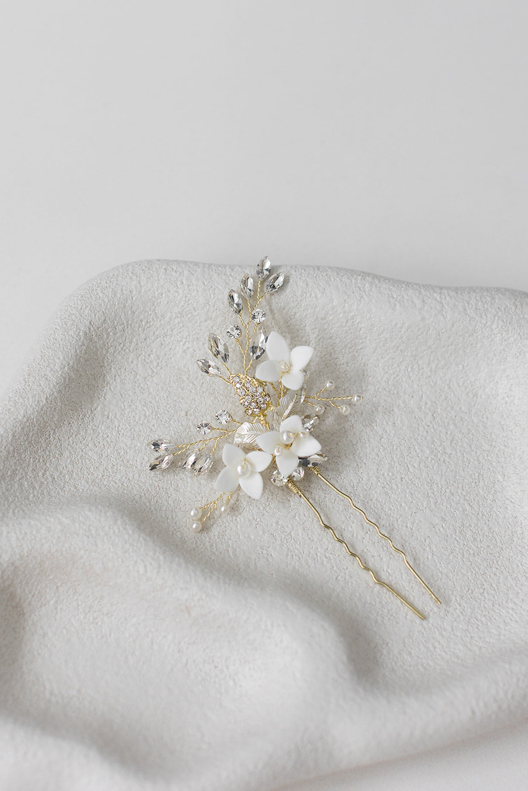 Lana - Porcelain Flower, Crystal & Pearl Bridal Hair Pin