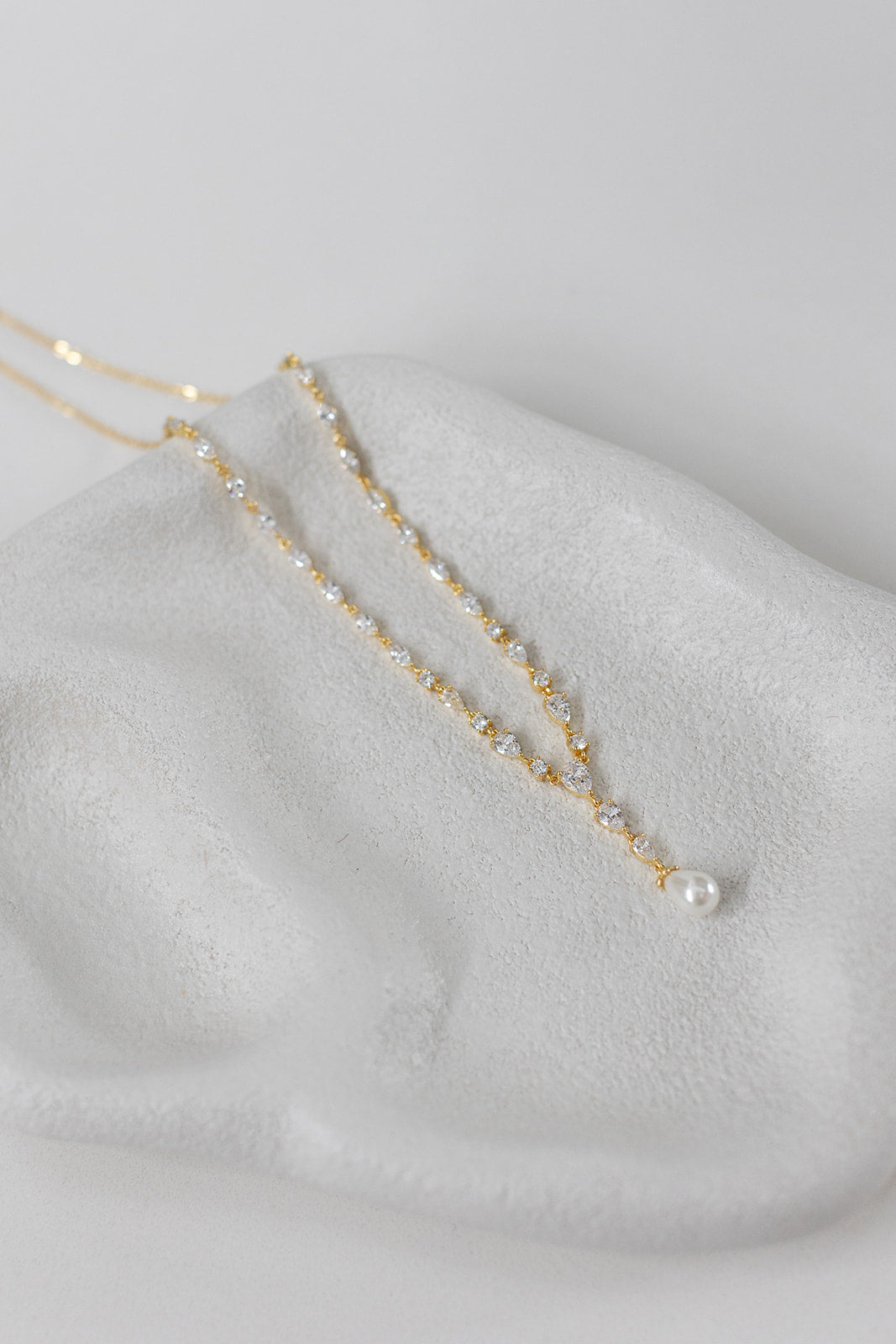 Siena  - Delicate Crystal and Plunging Pearl Drop Bridal Necklace - Gold