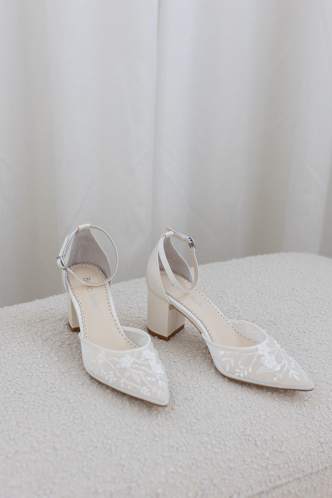 Buy Thea - Floral Illusion Mesh Closed Toe Block Heels - Ivory online | The White Collection Australia