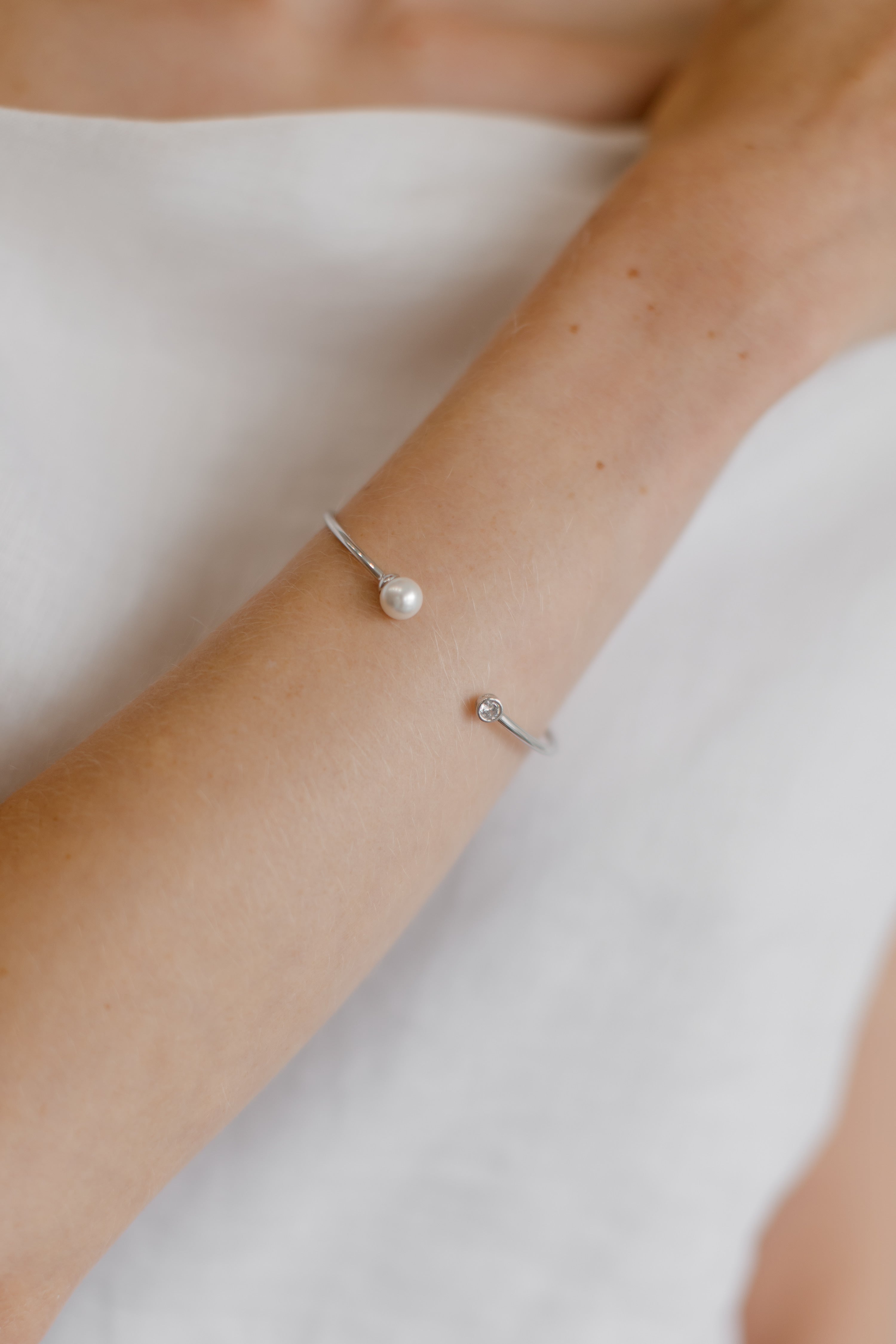 Buy Olivia - Simple Pearl & Crystal Bridal Bangle Bracelet online | The White Collection Australia