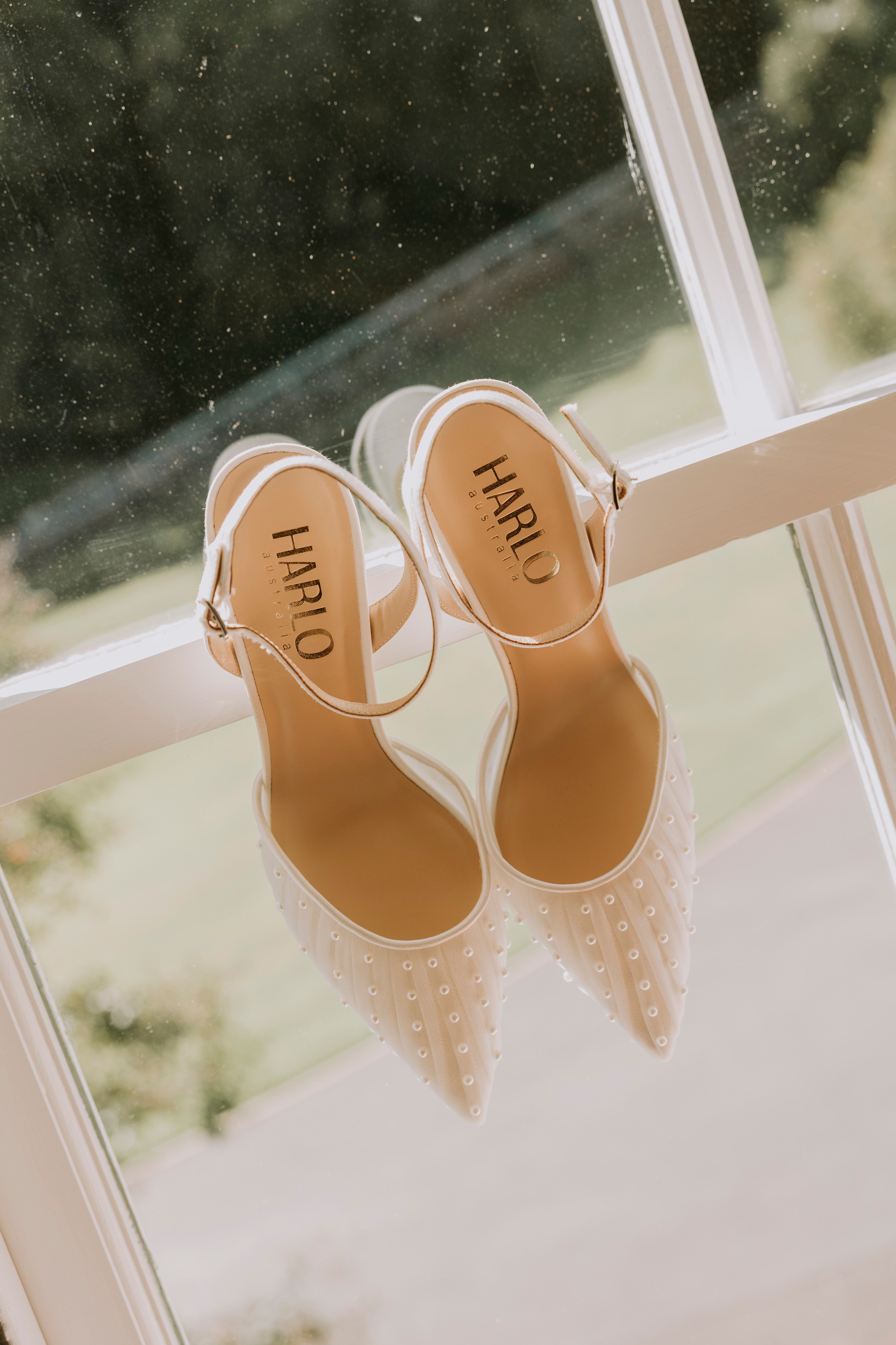 Elle - Tulle Block Heeled Point with Handsewn Pearls - Soft White