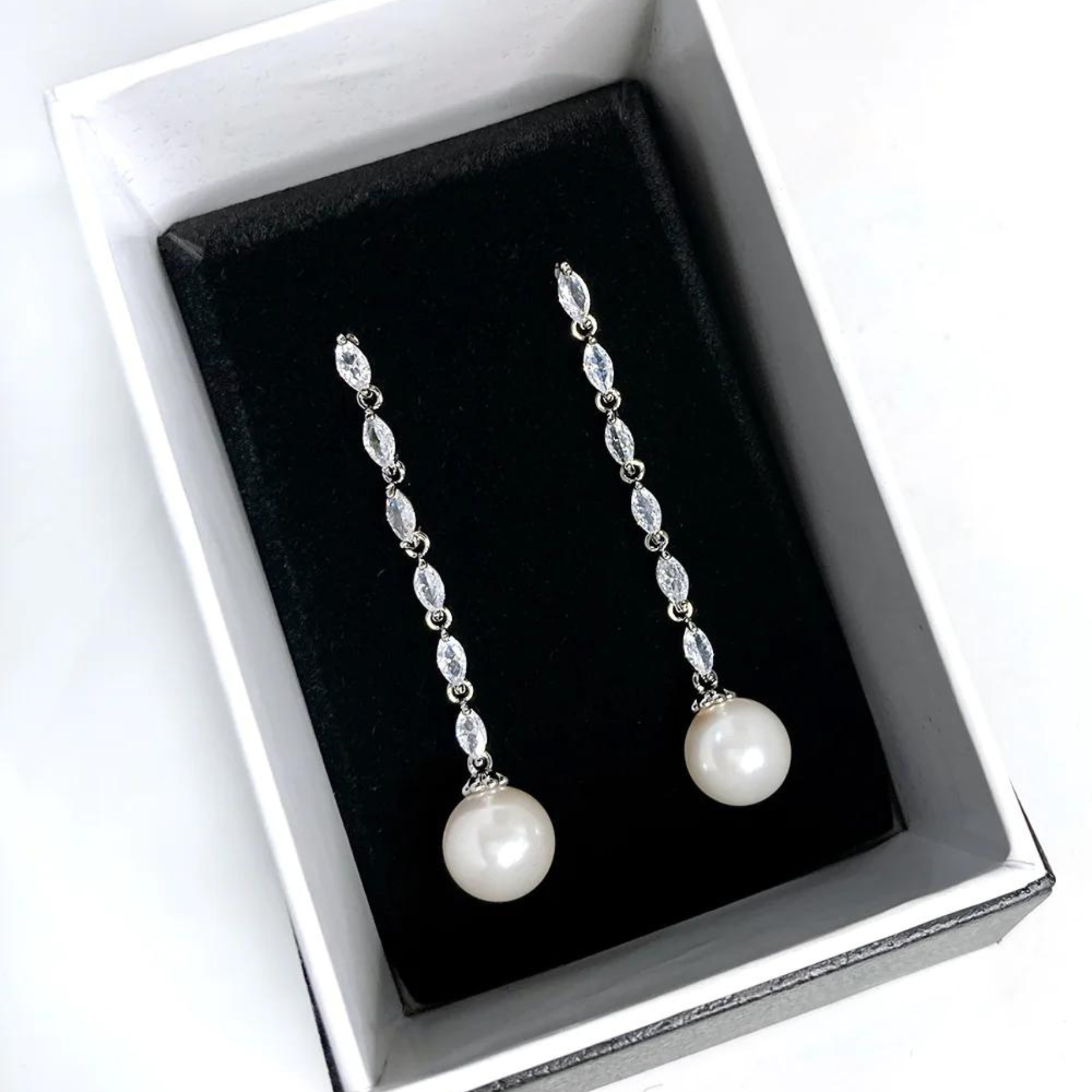 Buy Melanie - Long Drop Navette Crystal and Pearl Bridal Earrings online | The White Collection Australia