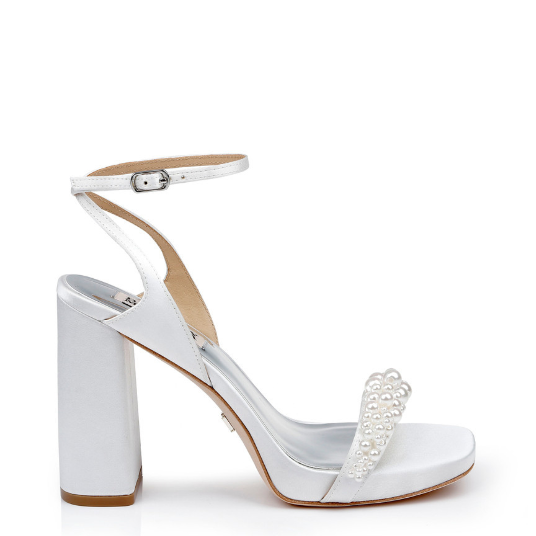 Badgley Mischka Calida satin block heels with pearled vamp soft white, The White Collection Australia