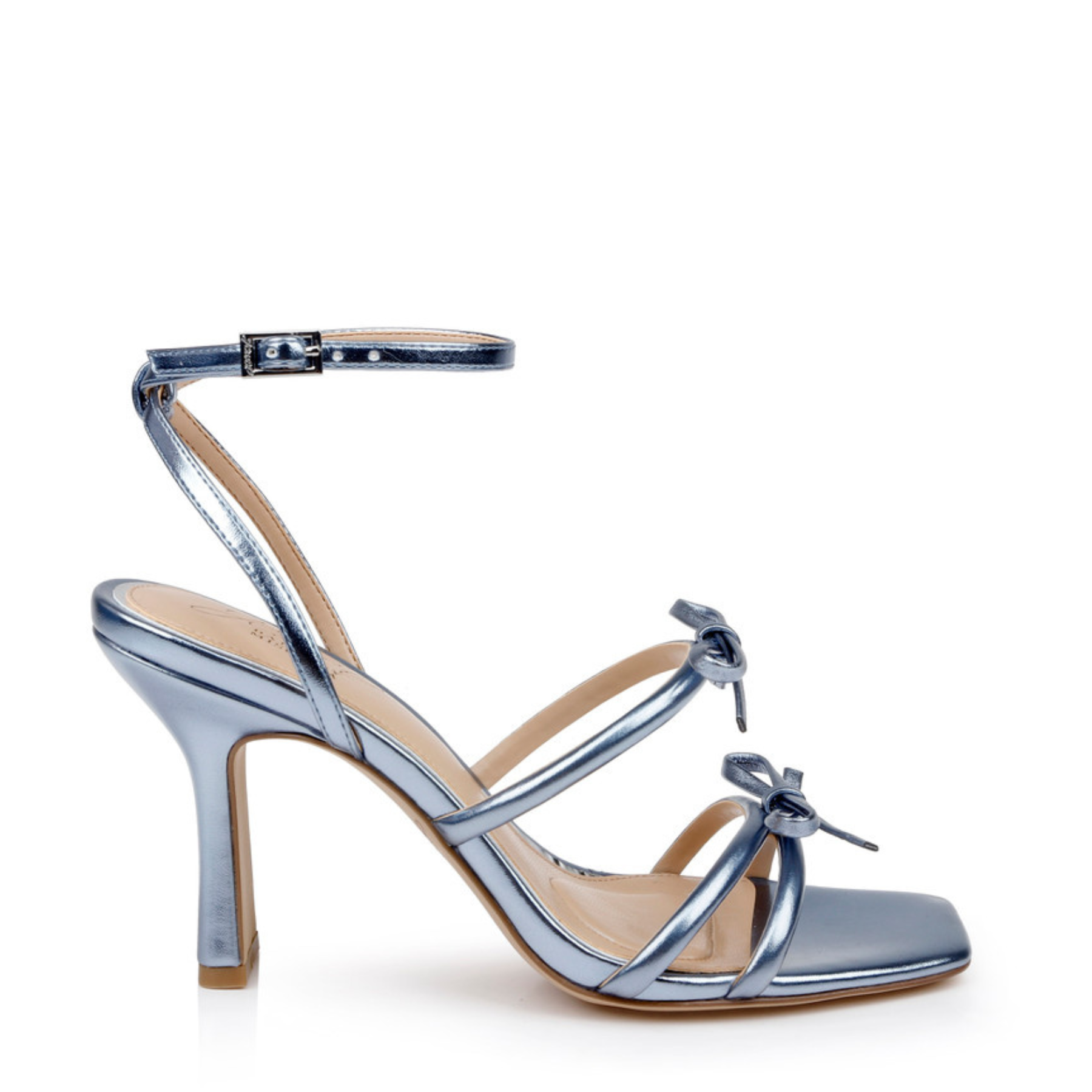 Buy Kiyomi II - Metallic Block Stiletto Heel Sandals with Bow Straps - Blue online | The White Collection Australia