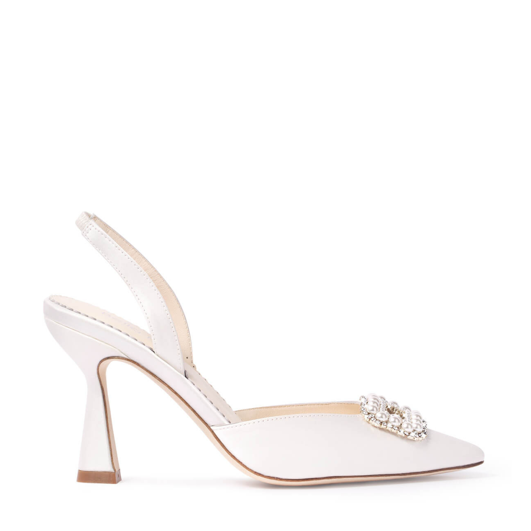 Andie - Closed Toe Spool Heel Slingbacks with Crystal and Pearl Brooch - Ivory