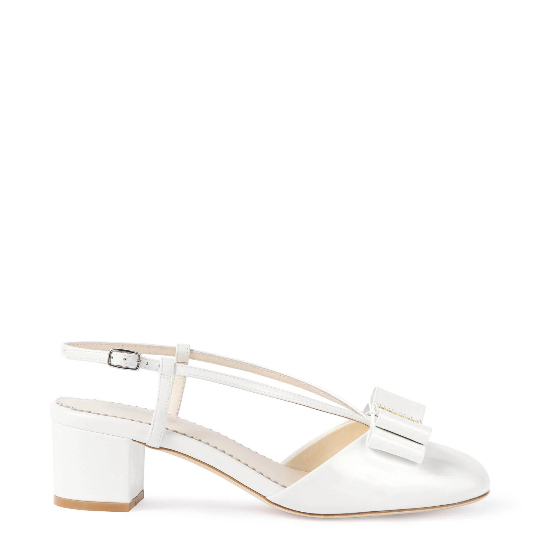 Abby - Pearl Bow Patent Leather Block Heels - Ivory