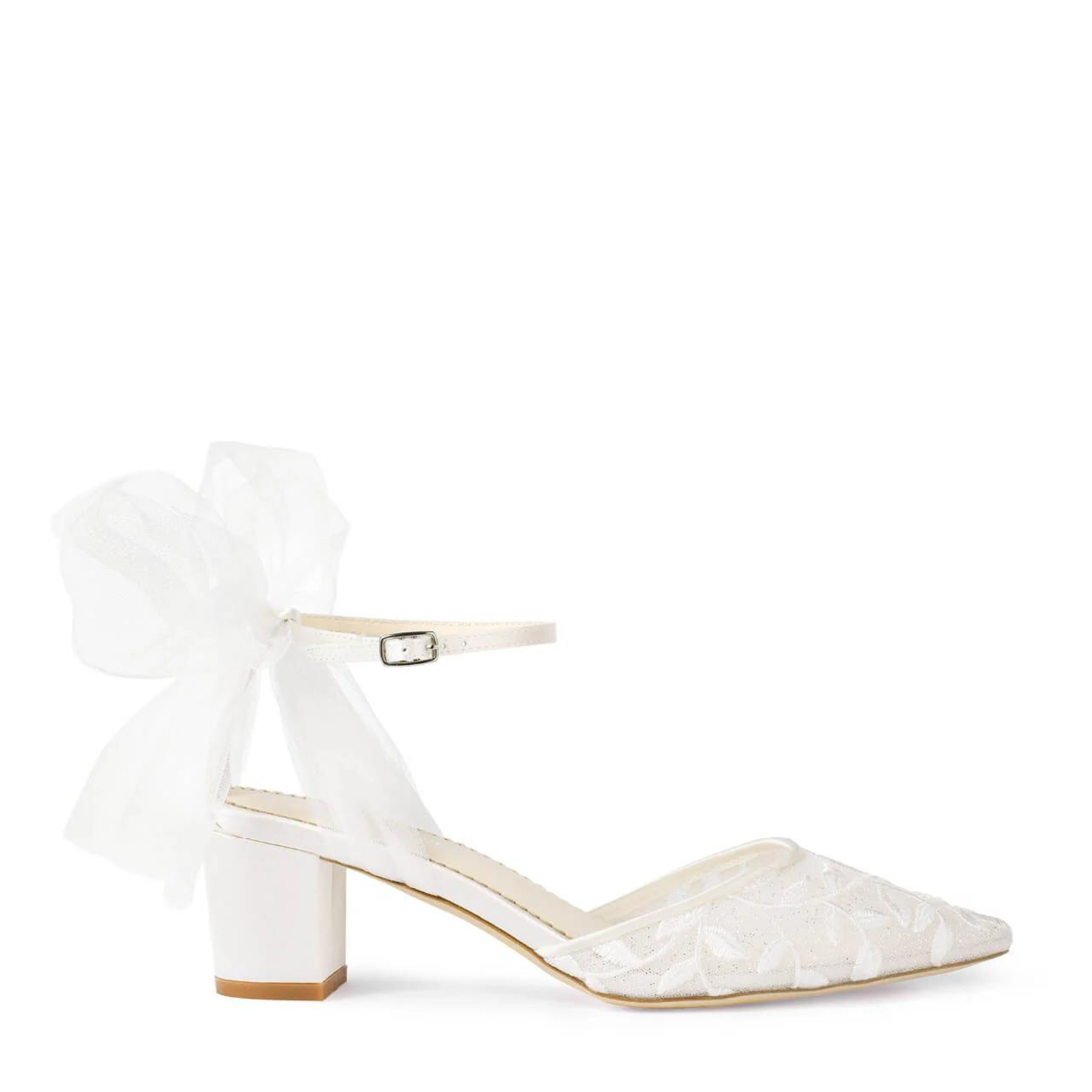Buy Joelle - Ivory Lace Embroidered 2 Inch Block Heels with Tulle Bow online | The White Collection Australia