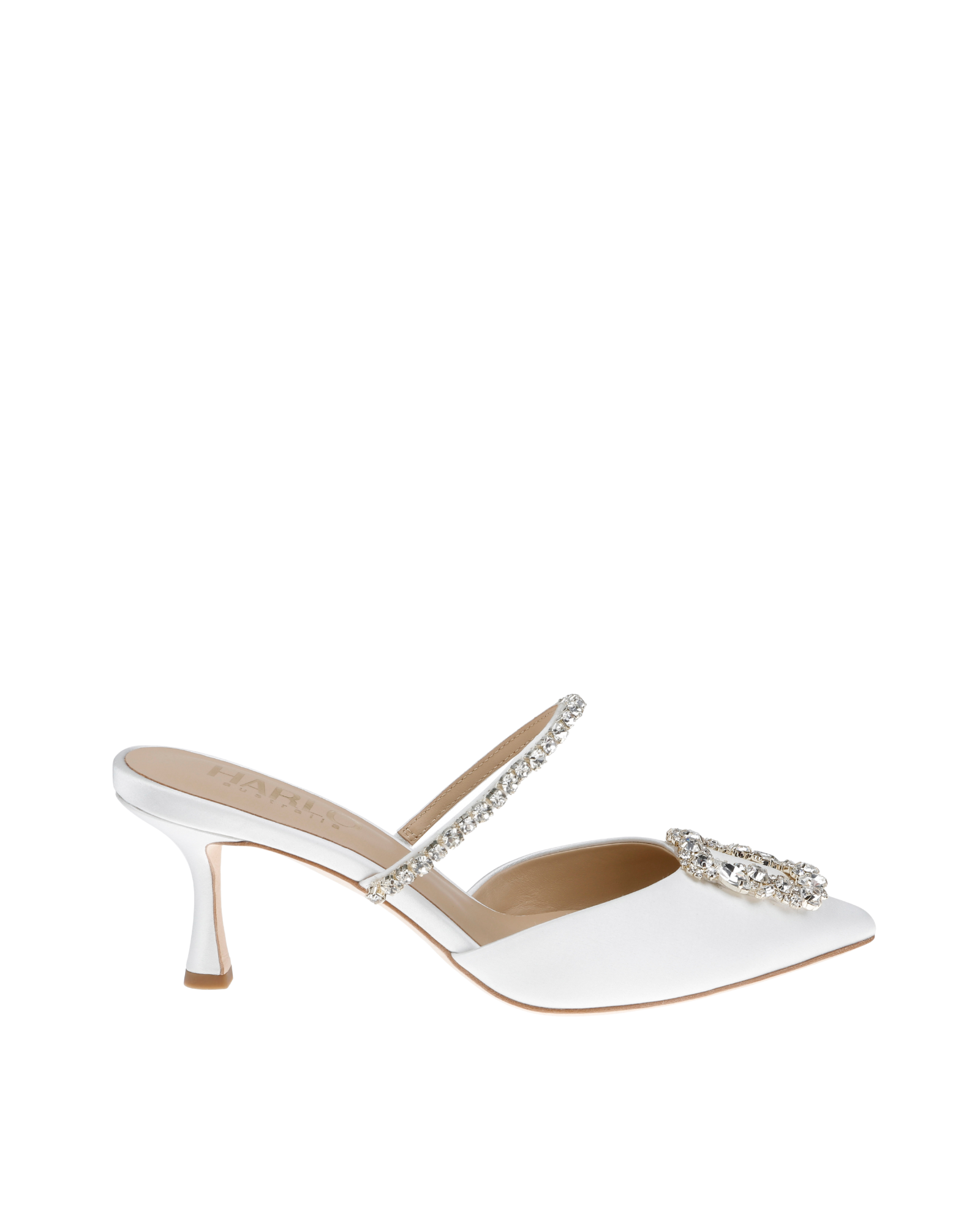 Buy Faith - Pointed Toe Crystal Embellished Kitten Mule - Soft White online | The White Collection Australia