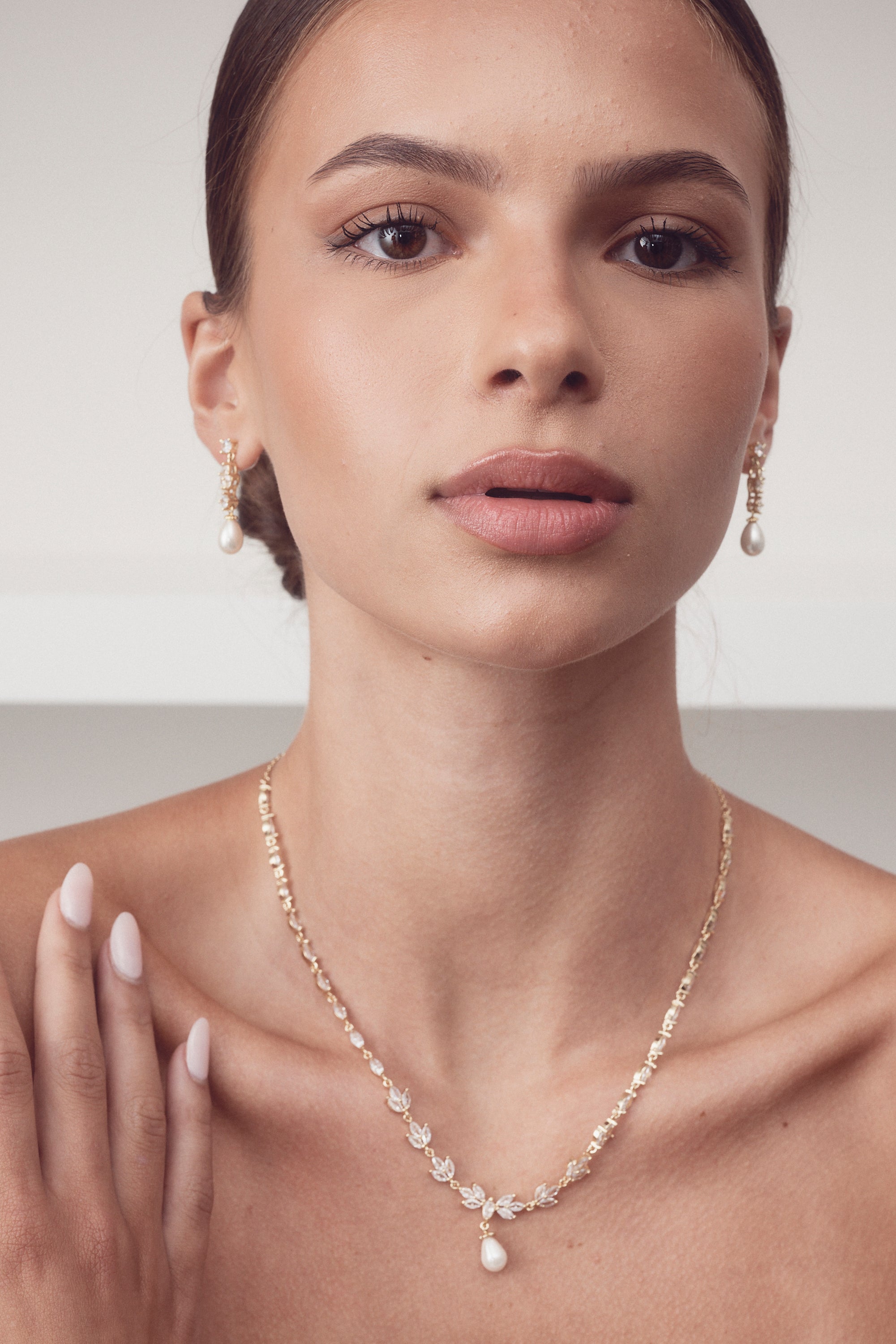 Buy Liliana - Delicate Crystal and Pearl Drop Bridal Necklace online | The White Collection Australia
