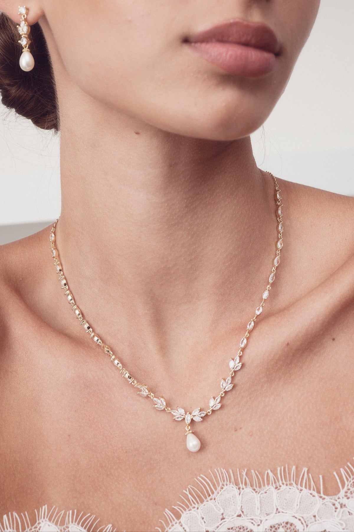 Buy Liliana - Delicate Crystal and Pearl Drop Bridal Necklace online | The White Collection Australia