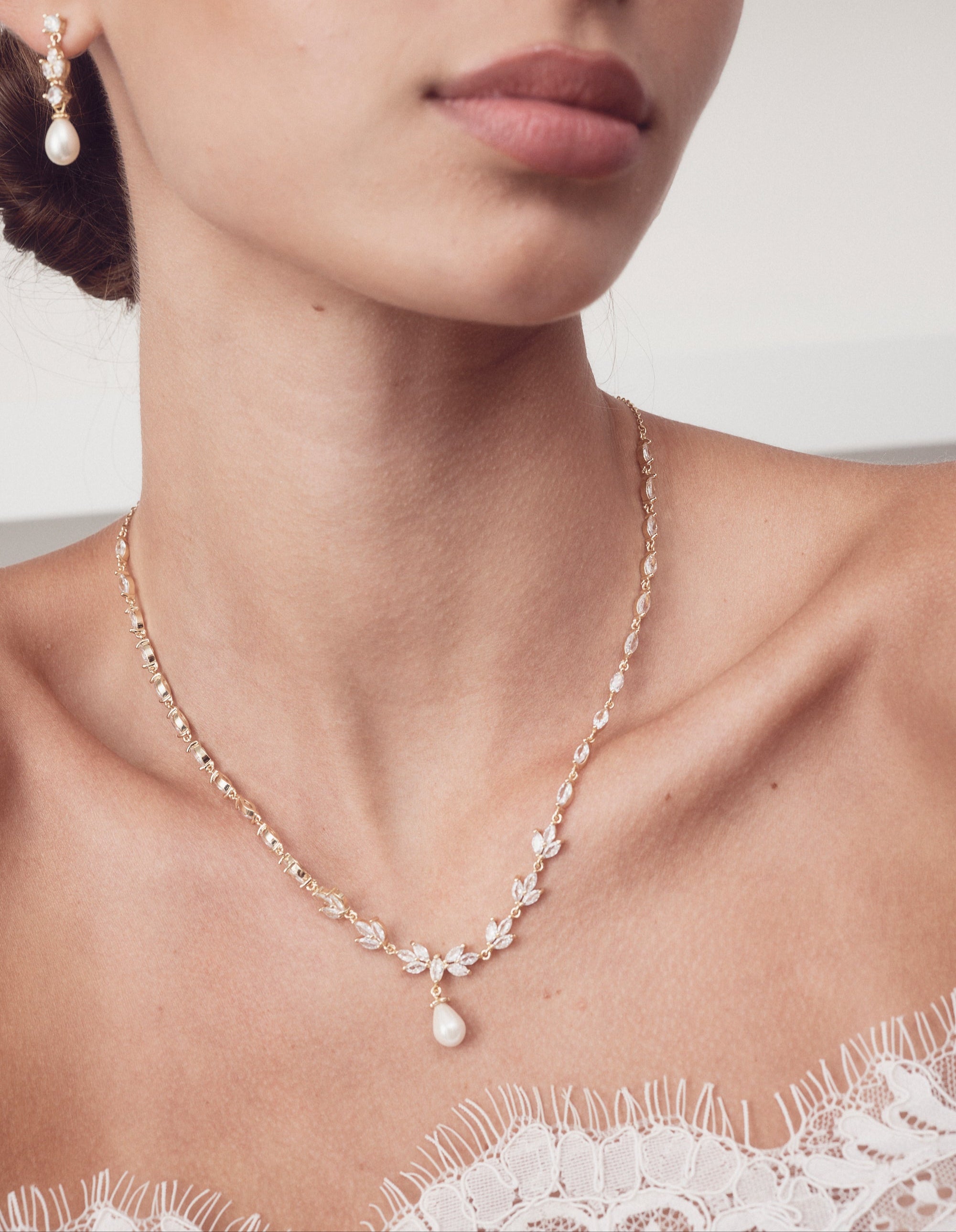 Buy Liliana - Delicate Crystal and Pearl Drop Bridal Necklace online | The White Collection Australia
