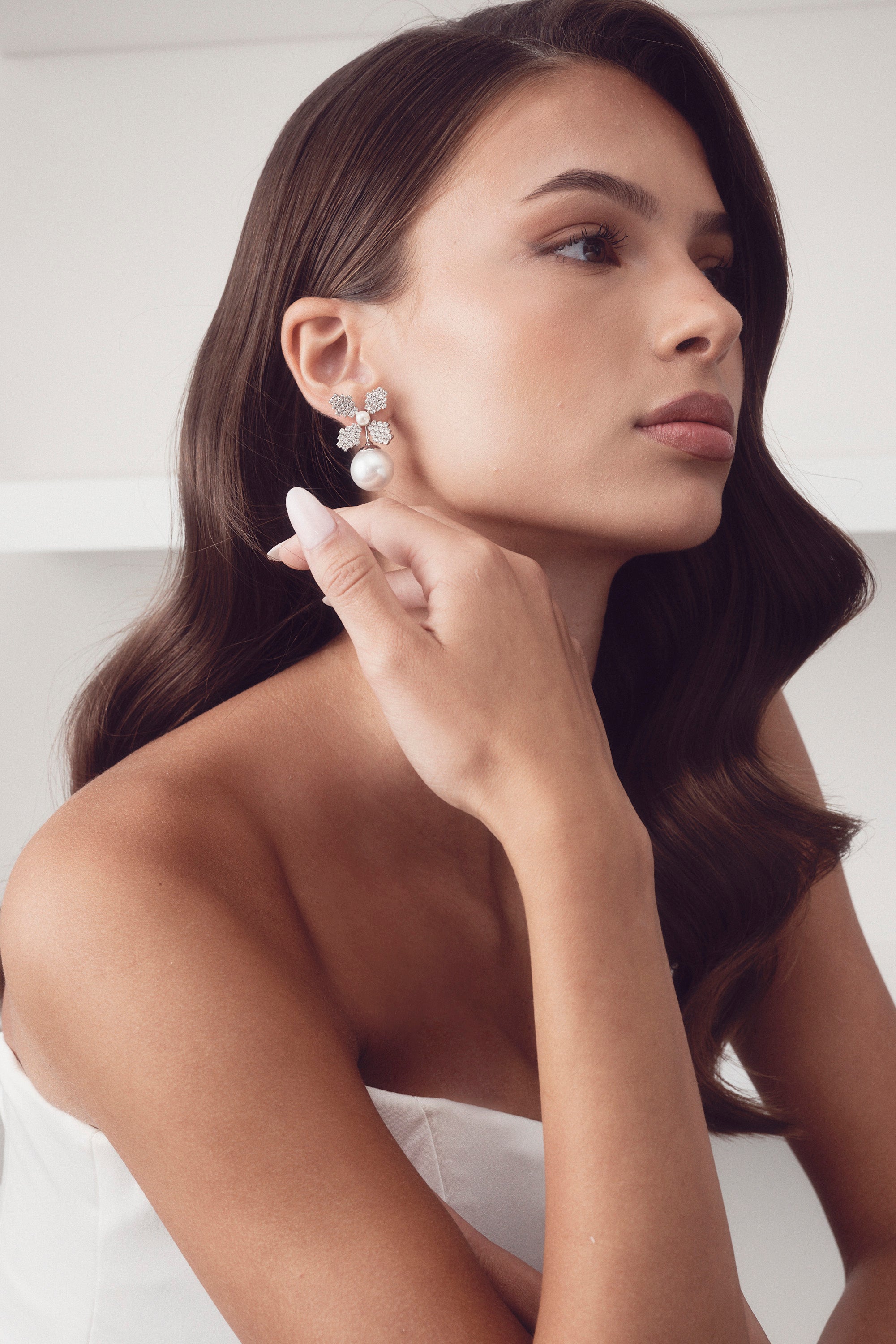 Buy Elizabeth Bower - June Duet Pearl & Crystal Stud - Rhodium Silver online | The White Collection Australia