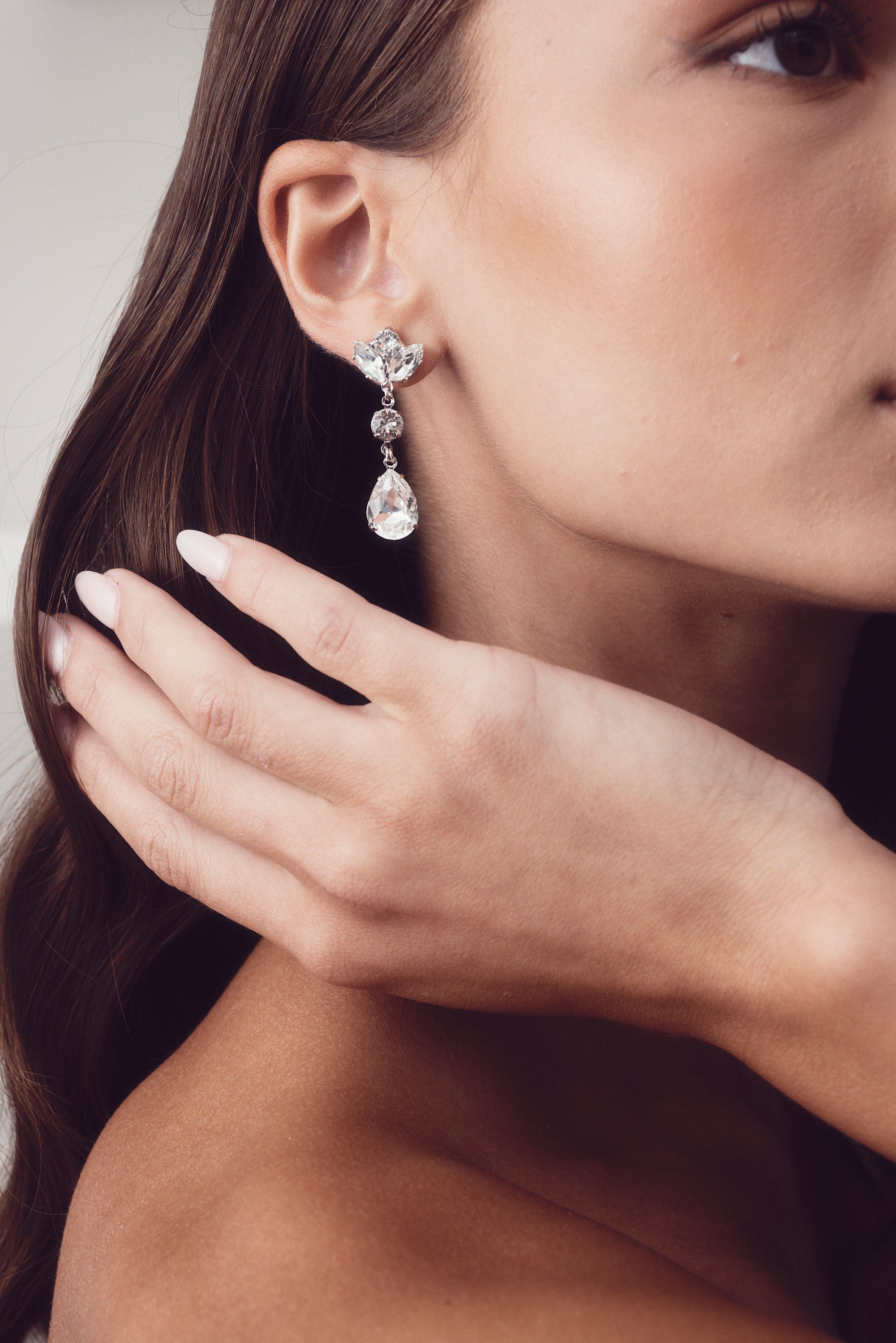 Mariah - Long Crystal Bridal Drop Earrings - Rhodium Plated