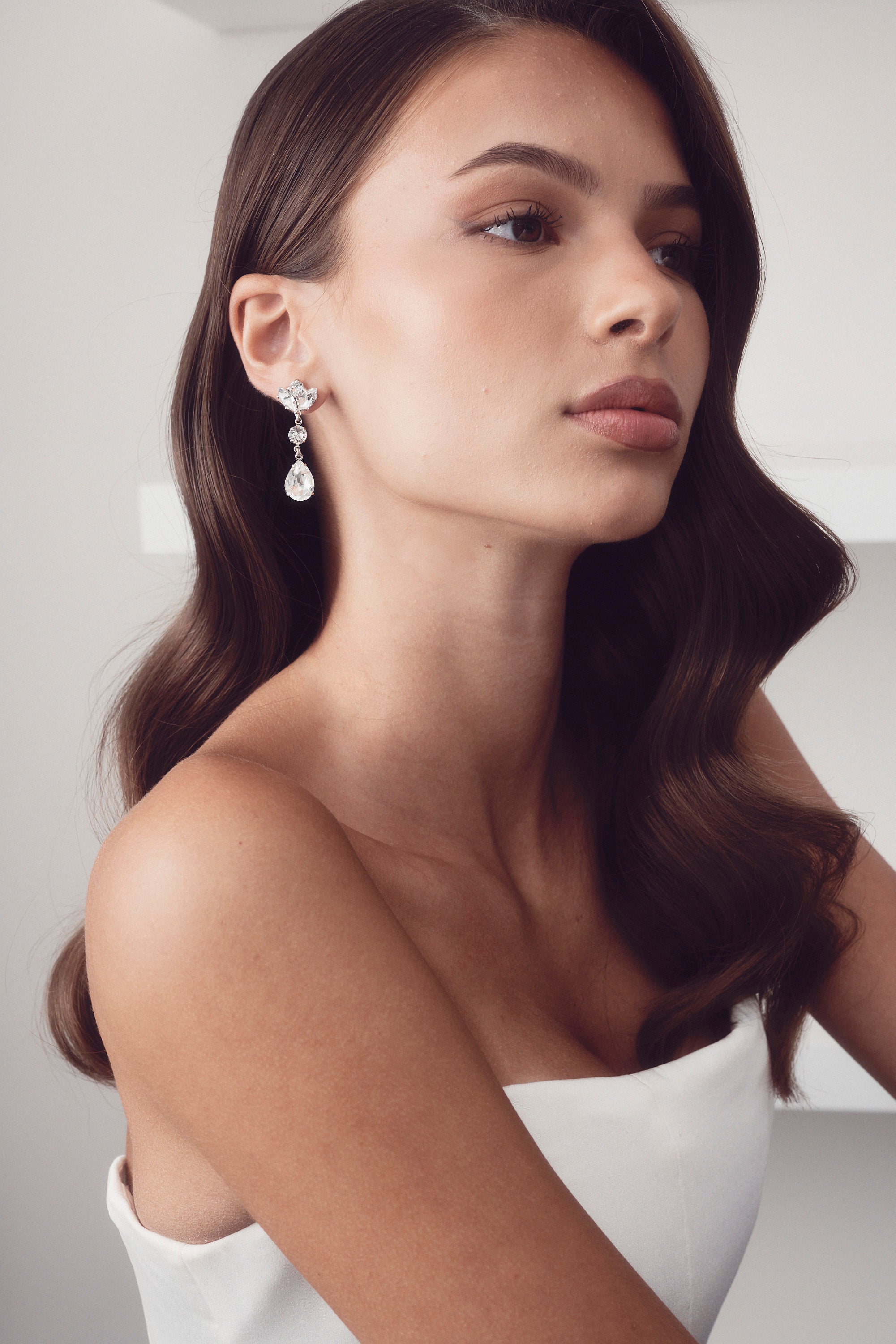 Mariah - Long Crystal Bridal Drop Earrings - Rhodium Plated