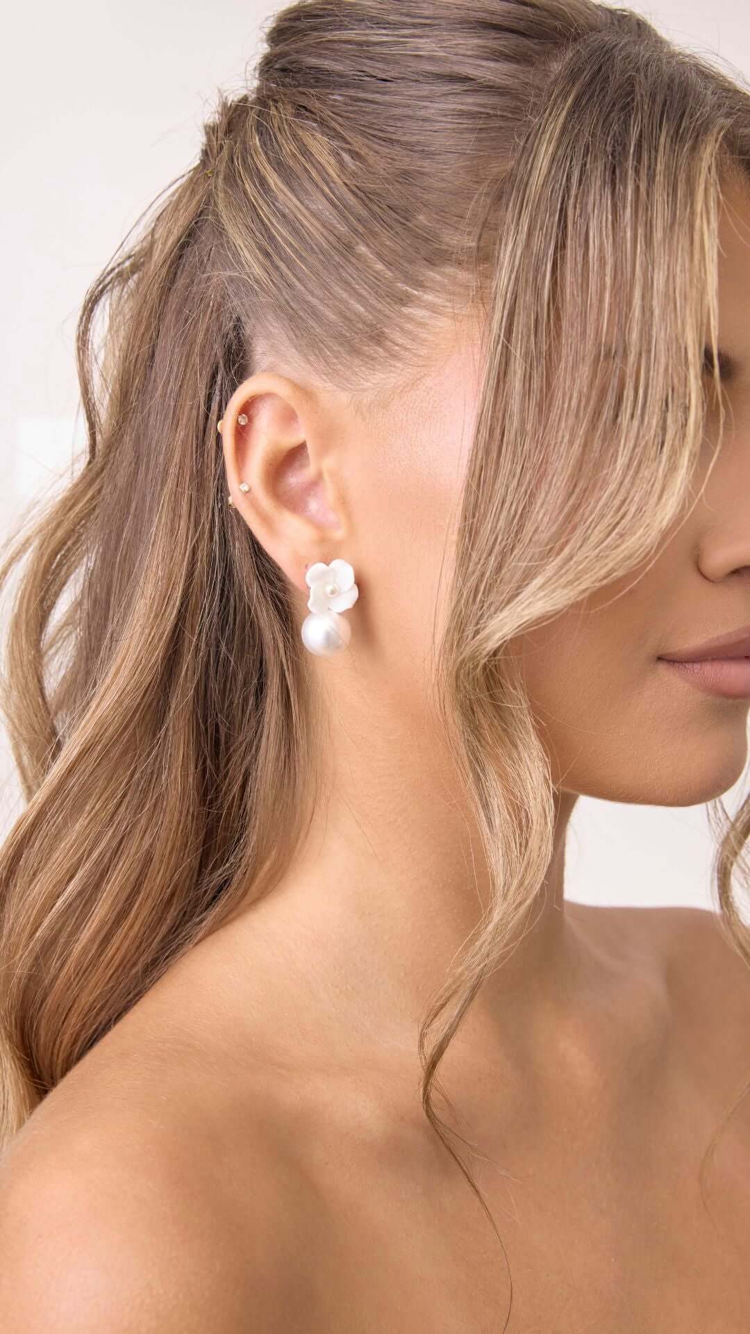 Elizabeth Bower Weiss pearl mini duet floral pearl earrings gold, The White Collection Australia
