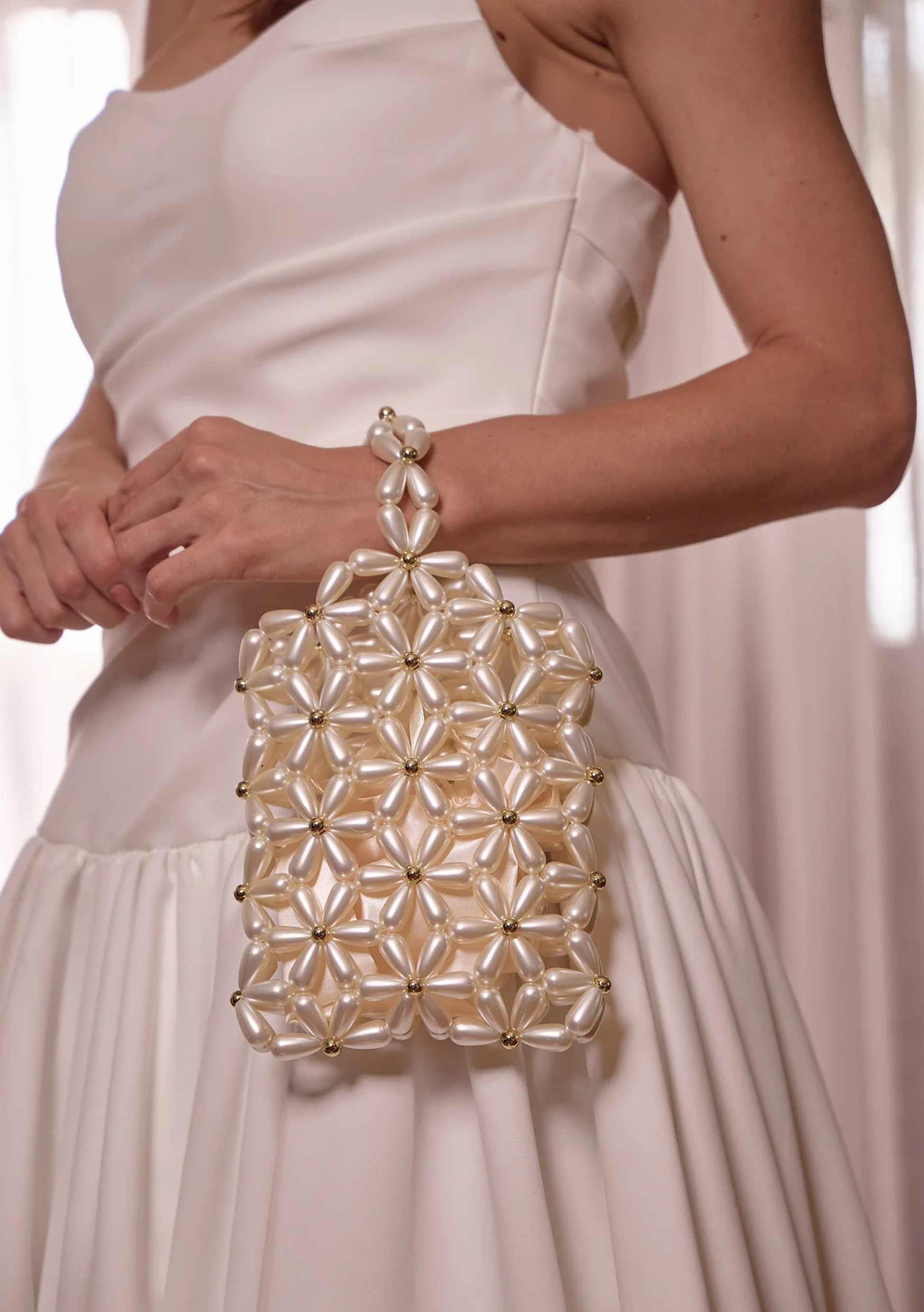 Lola Knight - Reba - Cream Pearl Bridal Gold Bag