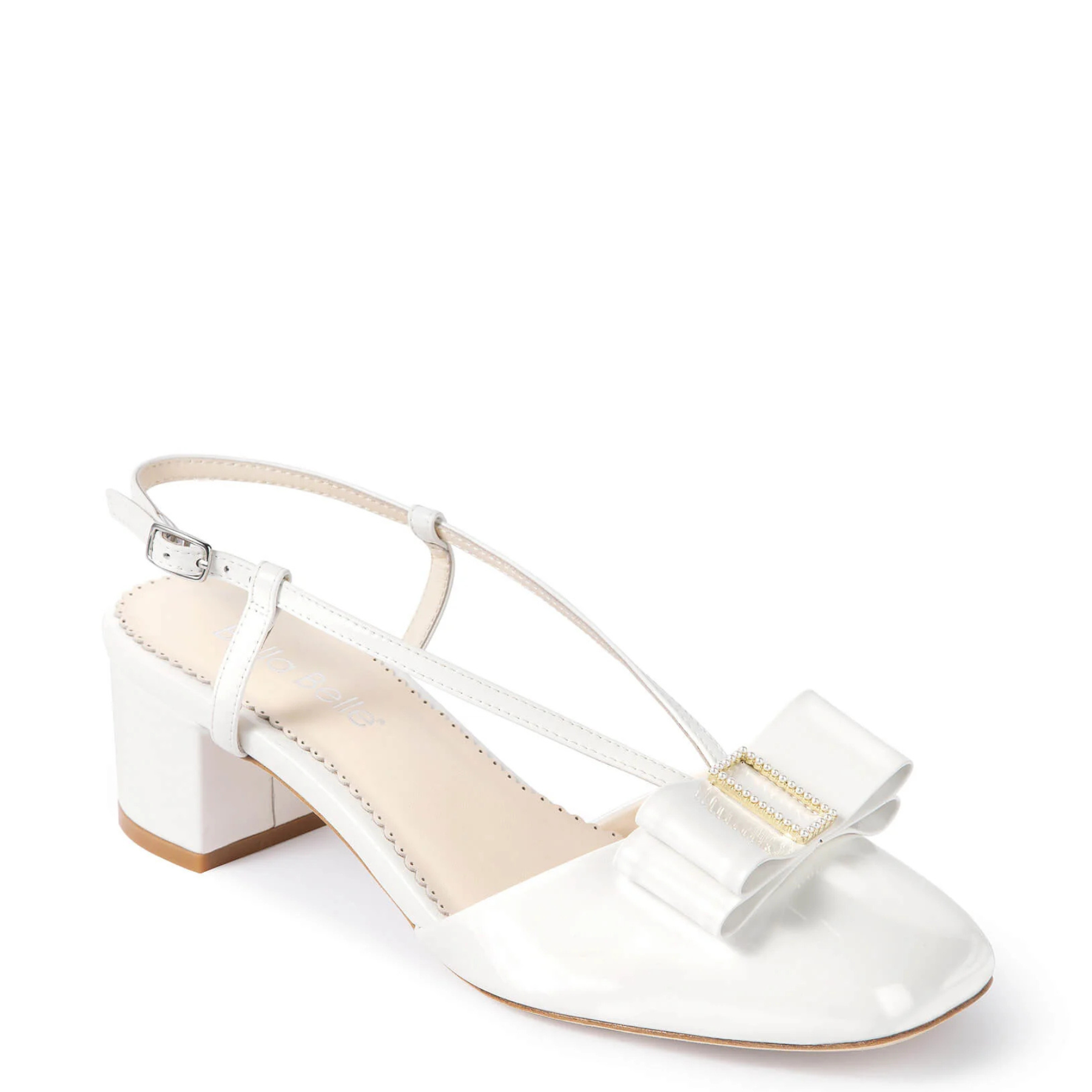 Abby - Pearl Bow Patent Leather Block Heels - Ivory