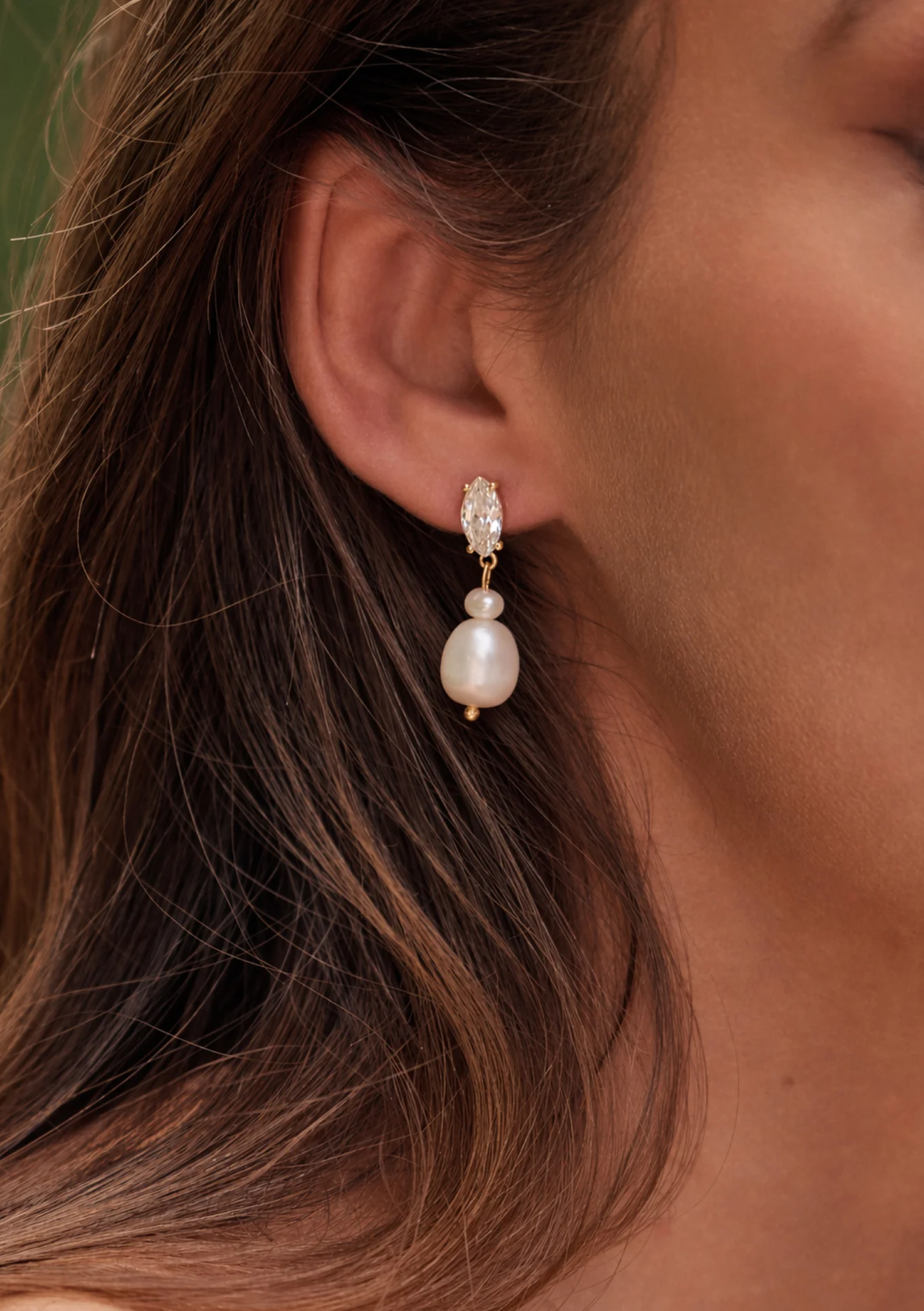 Lola Knight - Sage - Double Pearl and Crystal Drop Earrings - Gold