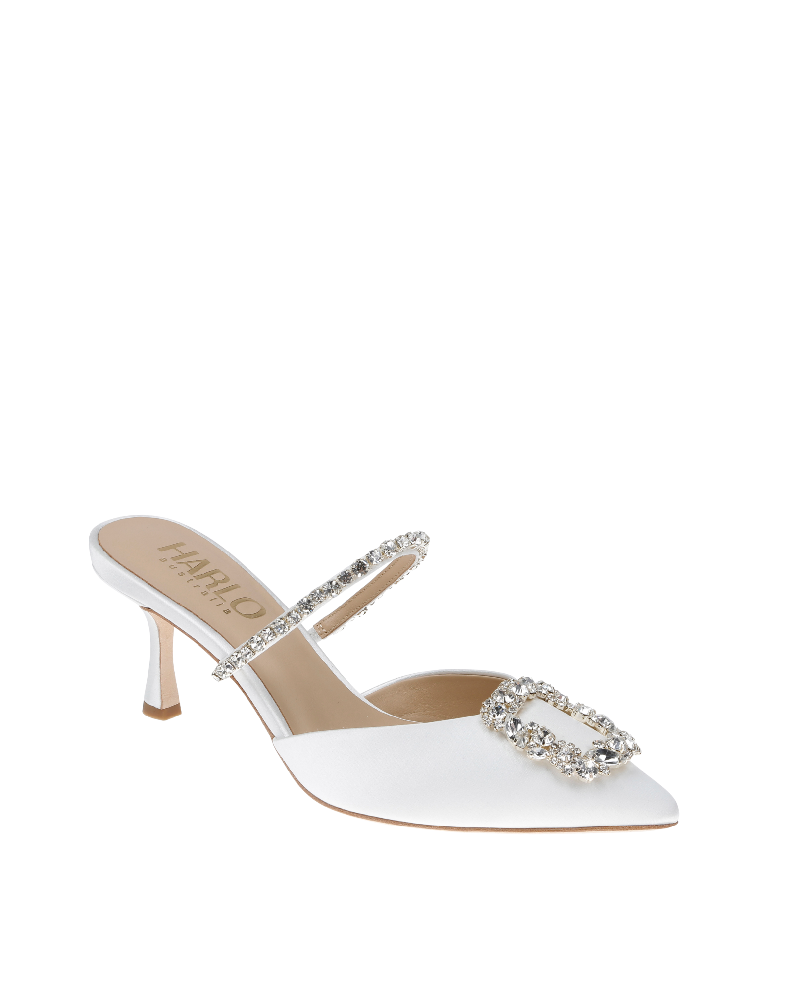 Buy Faith - Pointed Toe Crystal Embellished Kitten Mule - Soft White online | The White Collection Australia