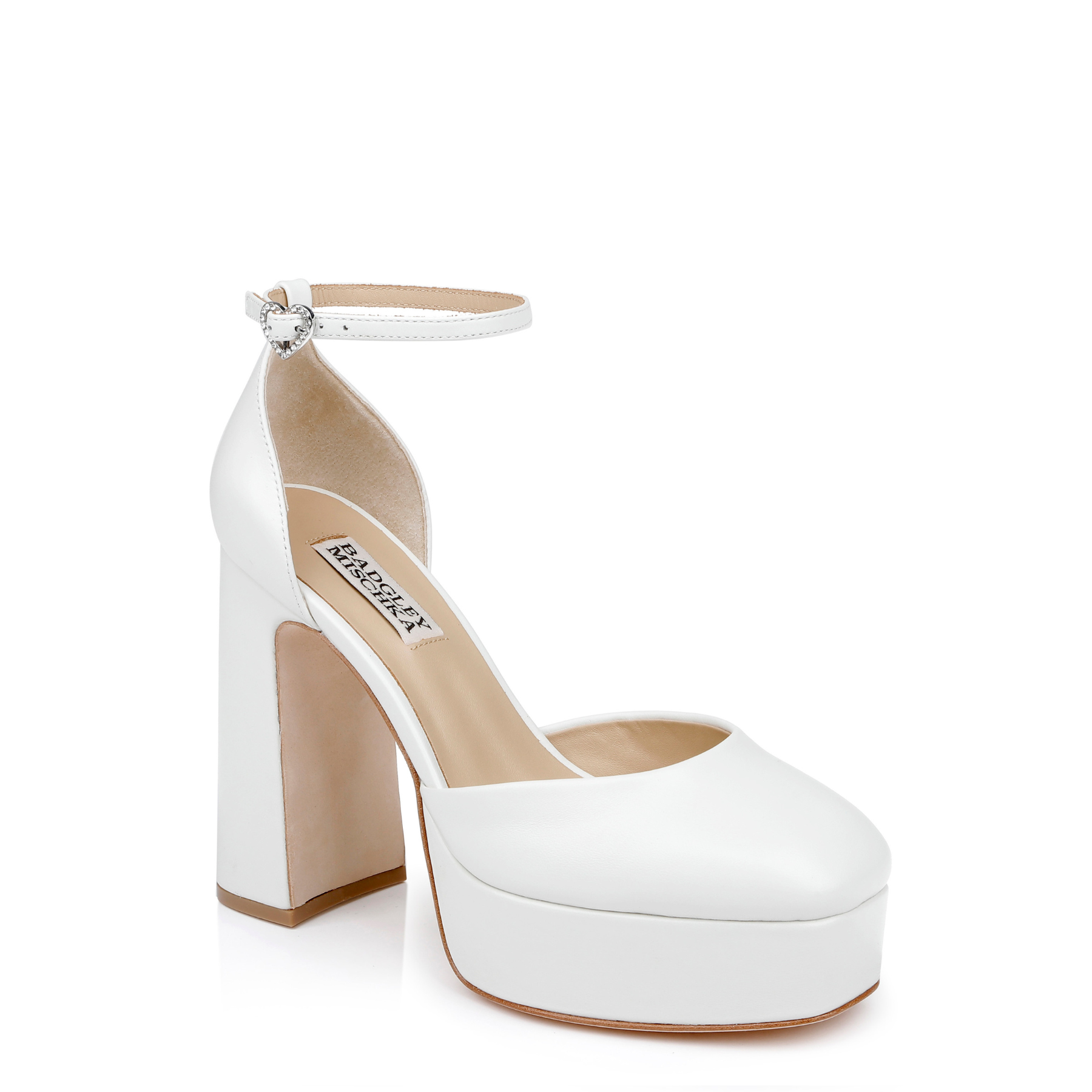 Buy Jayda II - Closed Toe Leather Platform Pumps with Crystal Heart Buckle - White online | The White Collection Australia