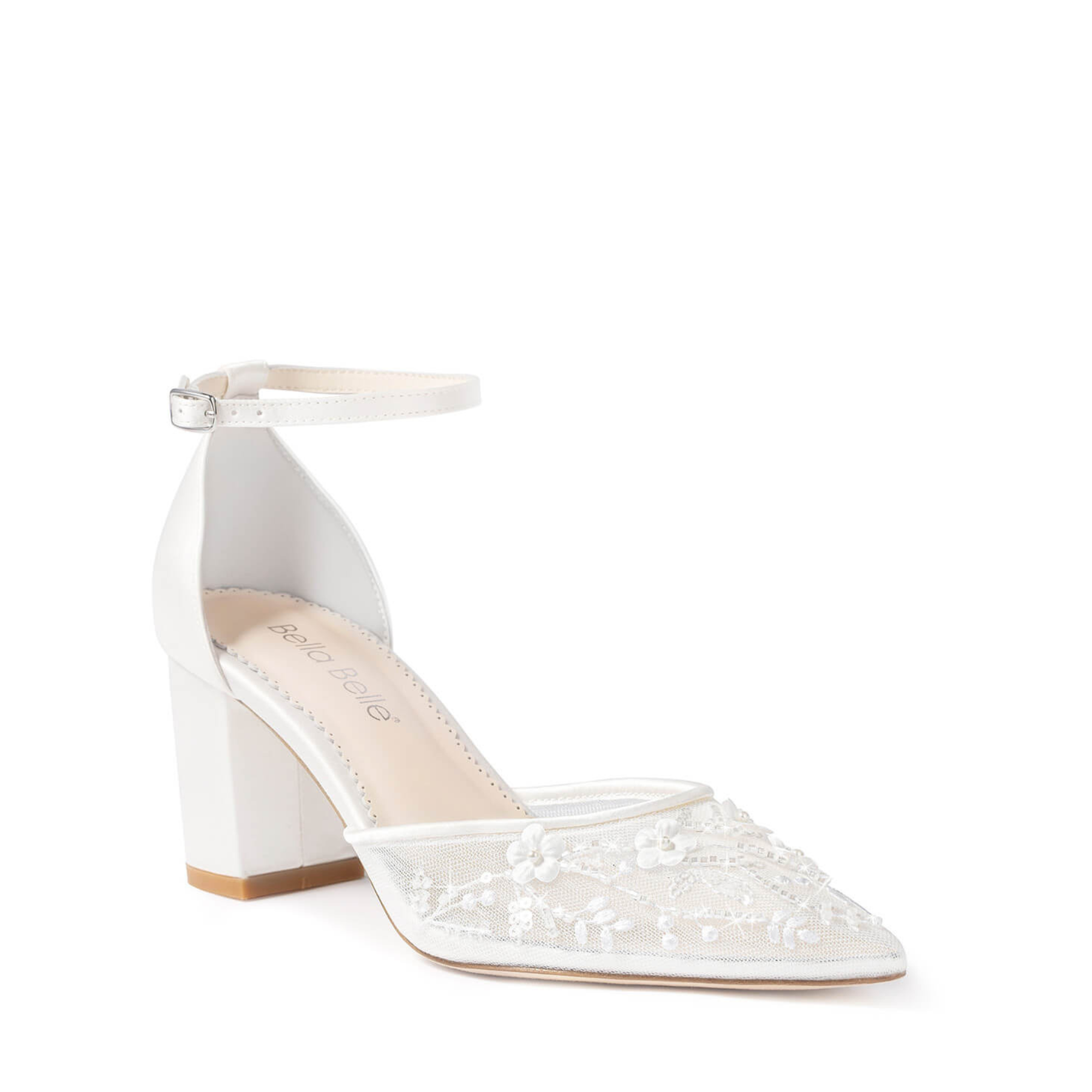 Buy Thea - Floral Illusion Mesh Closed Toe Block Heels - Ivory online | The White Collection Australia