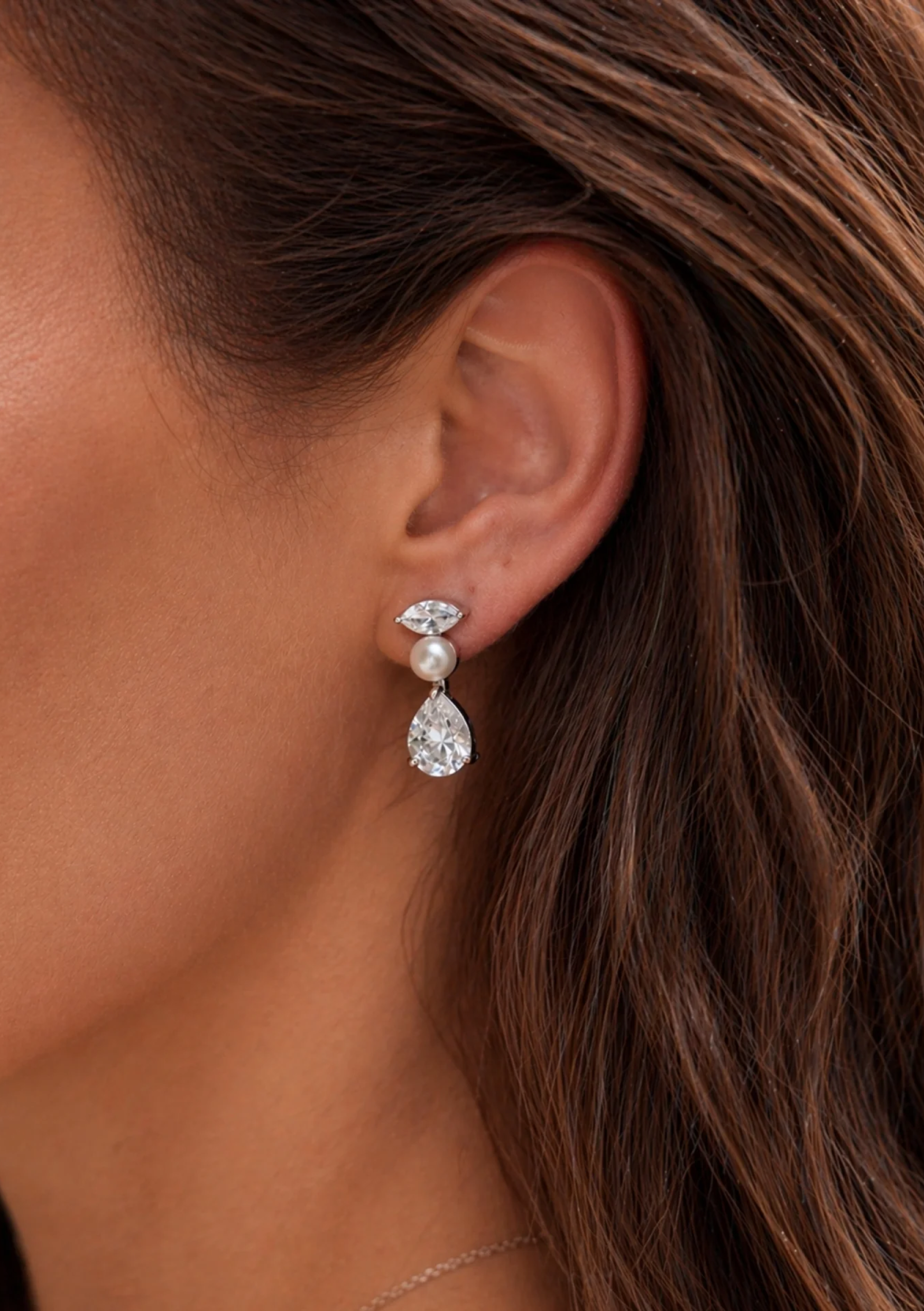 Lola Knight - Estella - Crystal and Pearl Drop Bridal Earrings - Silver