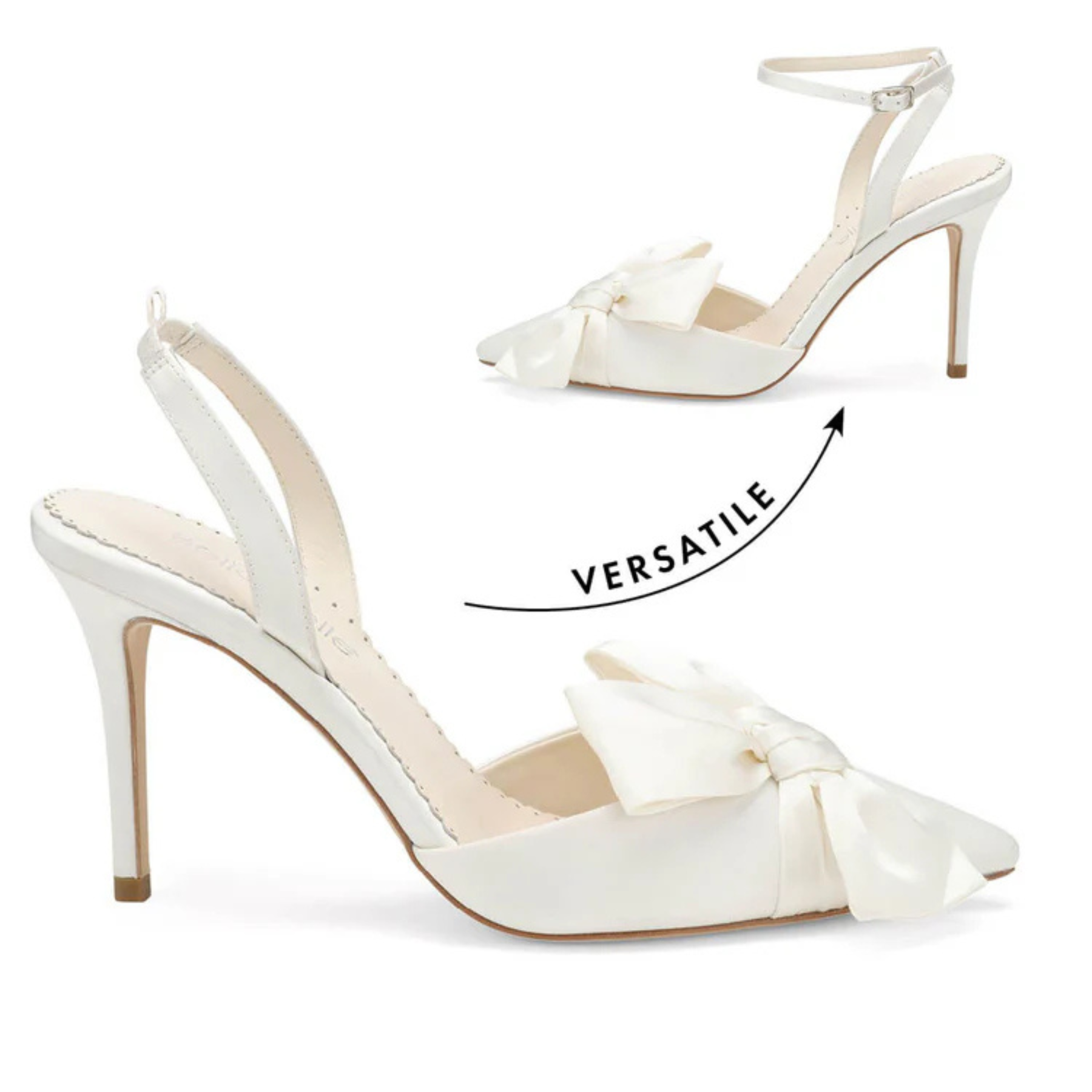 Rhodes - Bow Wedding Heels with Removable Ankle Straps - Ivory