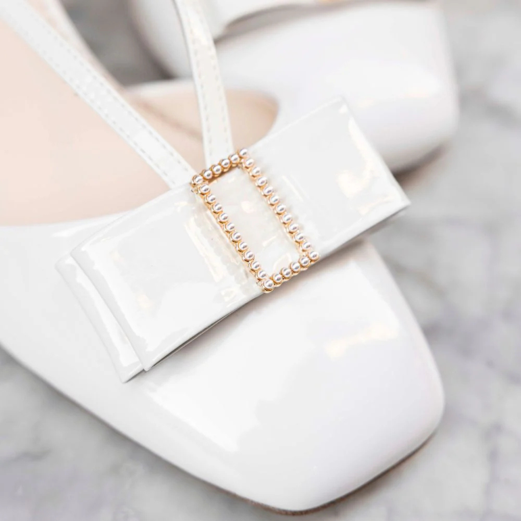 Abby - Pearl Bow Patent Leather Block Heels - Ivory