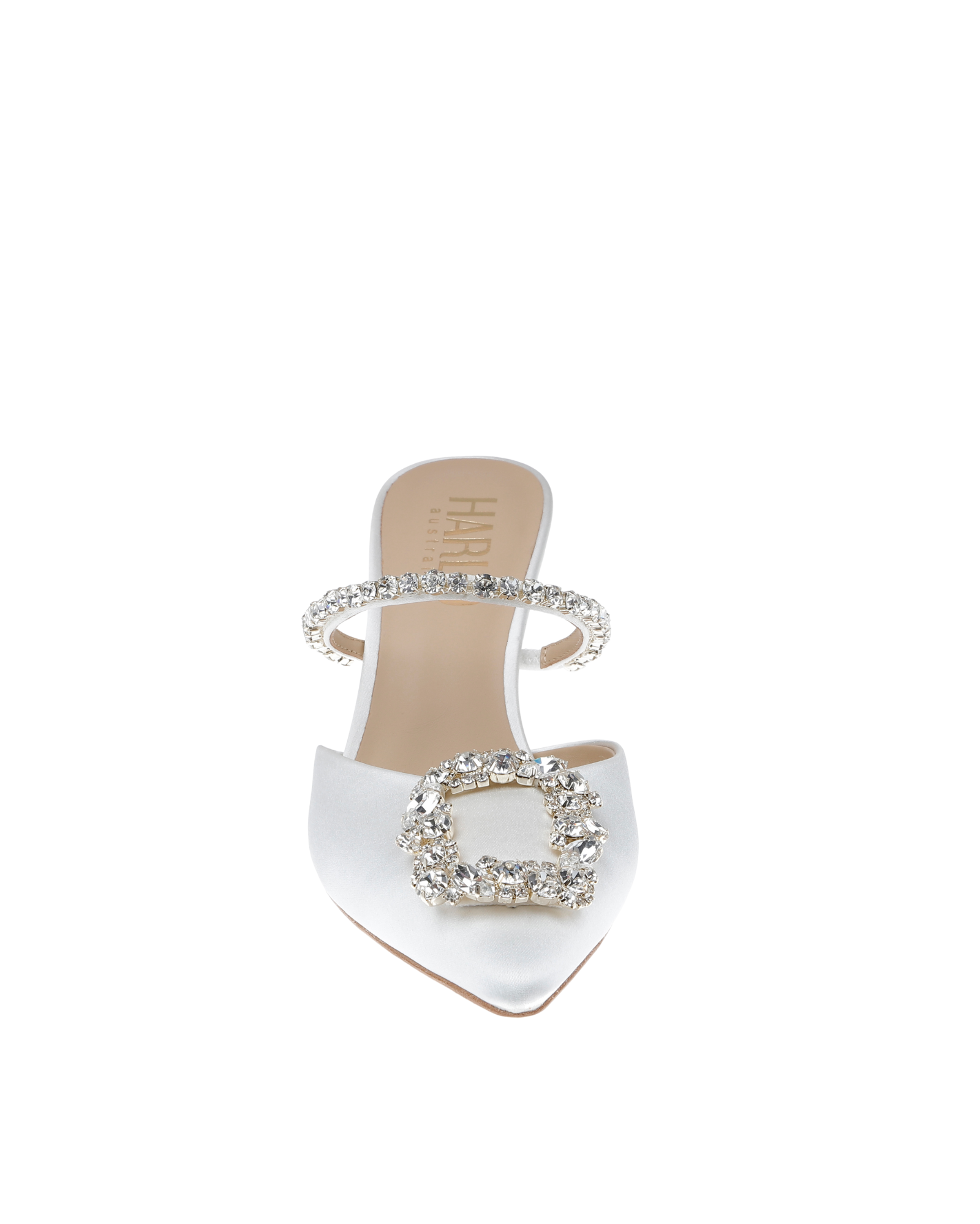 Buy Faith - Pointed Toe Crystal Embellished Kitten Mule - Soft White online | The White Collection Australia