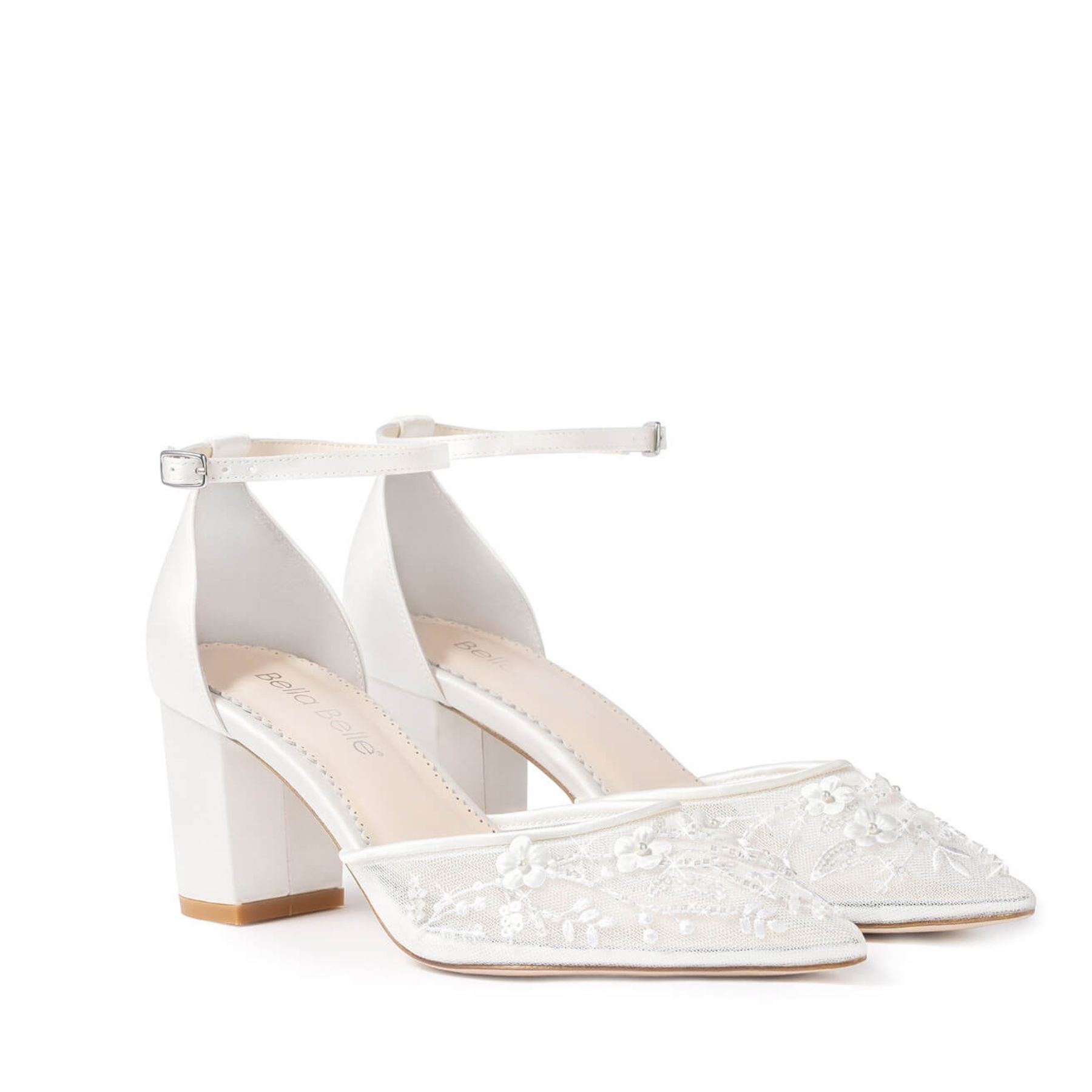 Buy Thea - Floral Illusion Mesh Closed Toe Block Heels - Ivory online | The White Collection Australia