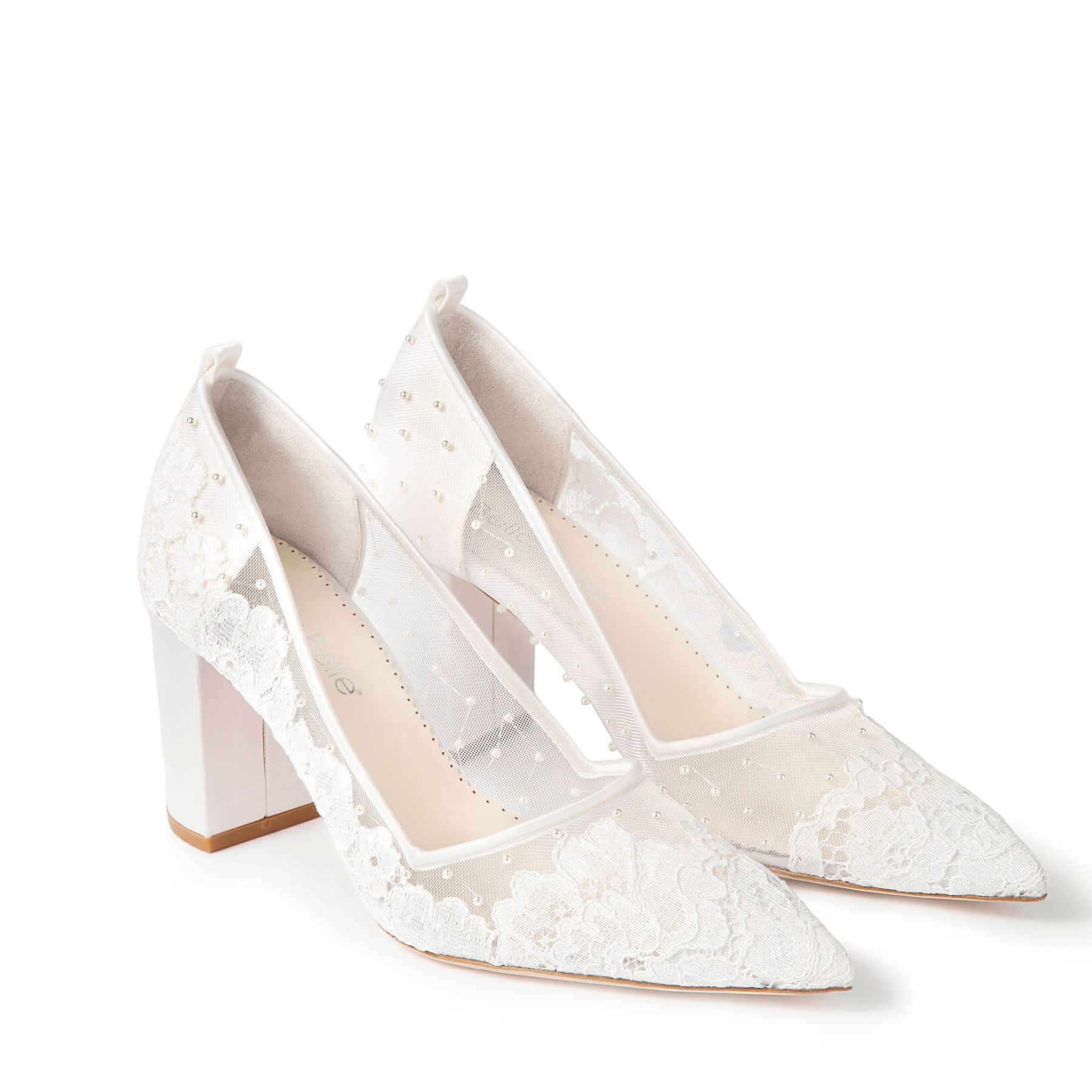 Margot - Lace Pearl Bridal Block Heels - Ivory