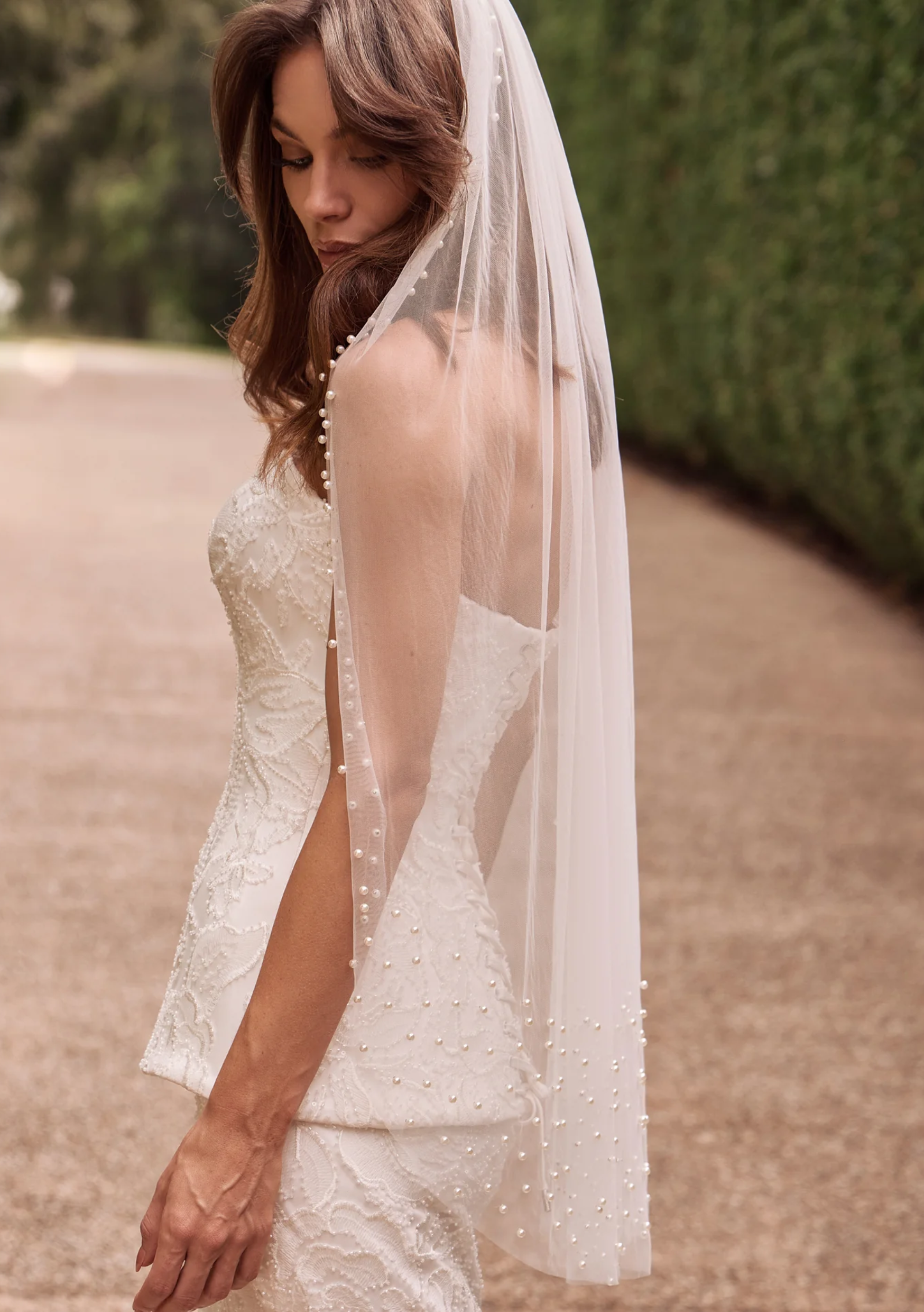 Lola Knight Clover ivory pearl lace mid length wedding veil, The White Collection Australia