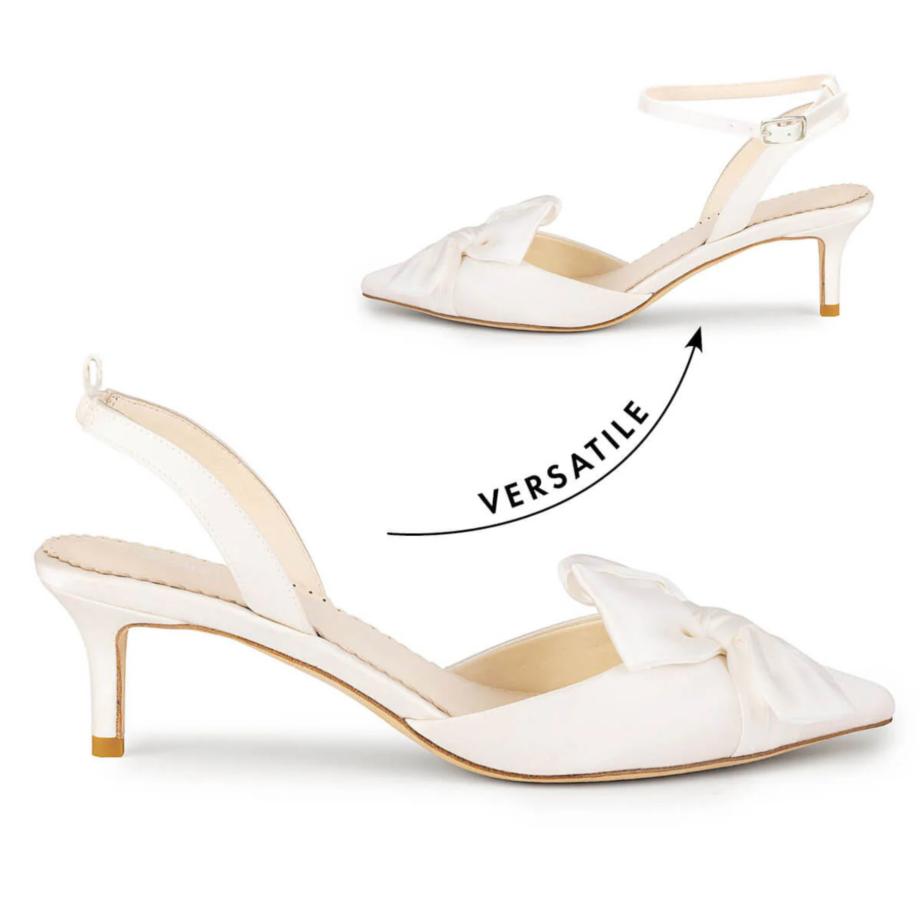 Raven - Slingback Kitten Heels with Bow and Removable Ankle Strap - Ivory