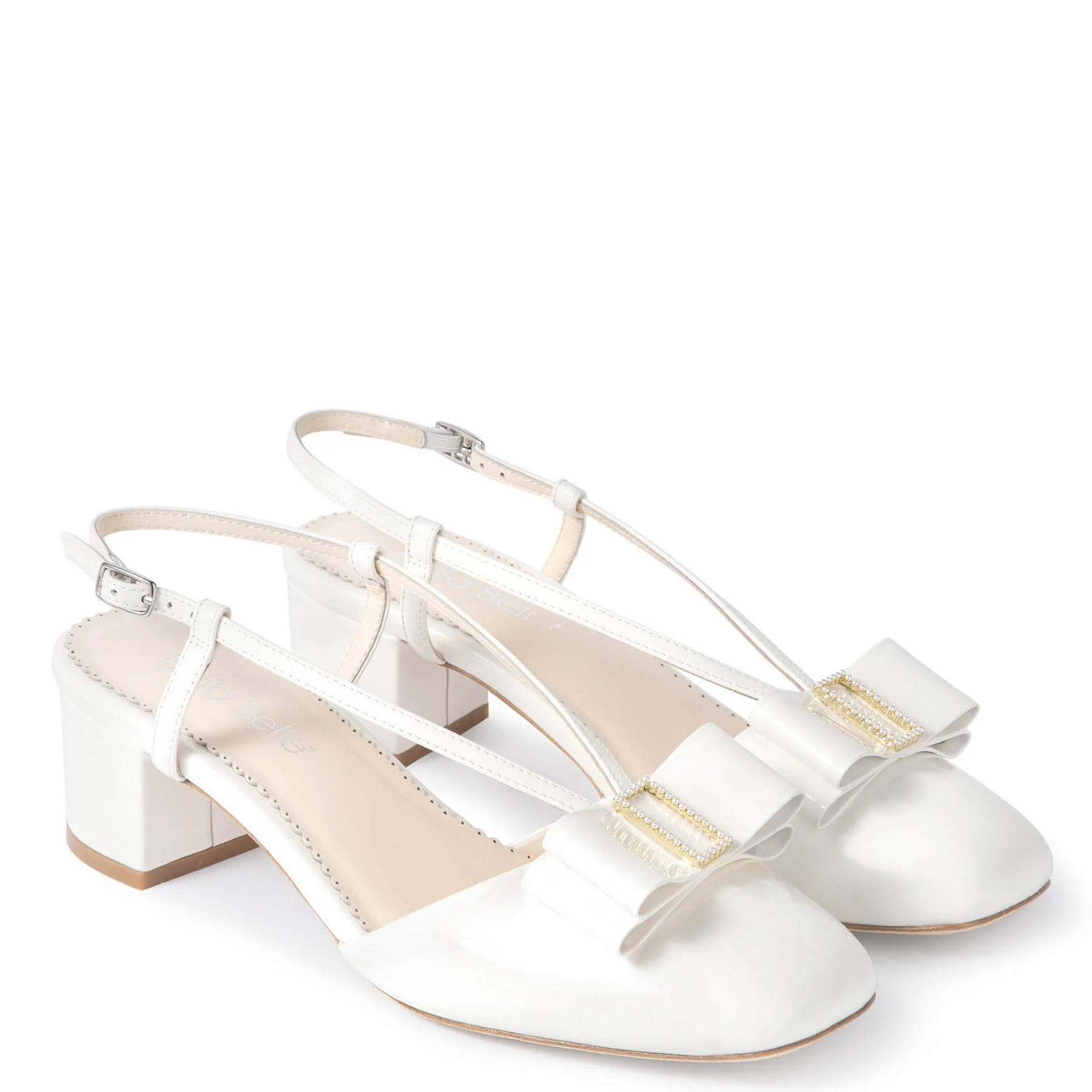 Abby - Pearl Bow Patent Leather Block Heels - Ivory