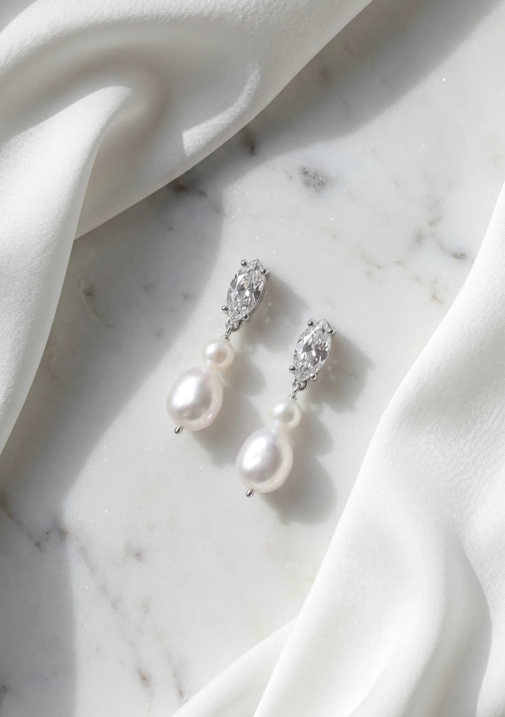 Lola Knight - Sage - Double Pearl and Crystal Drop Earrings - Silver