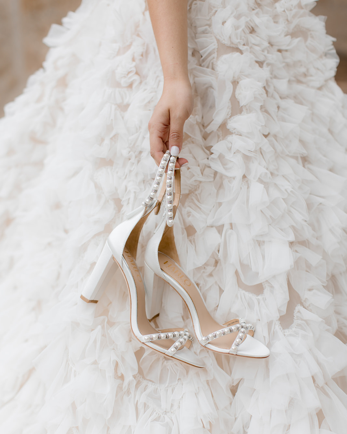 Harlo Australia Alexandra white pearl crystal strappy block heel bridal sandal, The White Collection