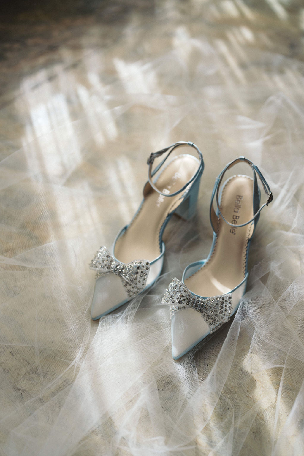 Bella Belle Athena blue crystal block heels with removable ankle strap, The White Collection Australia