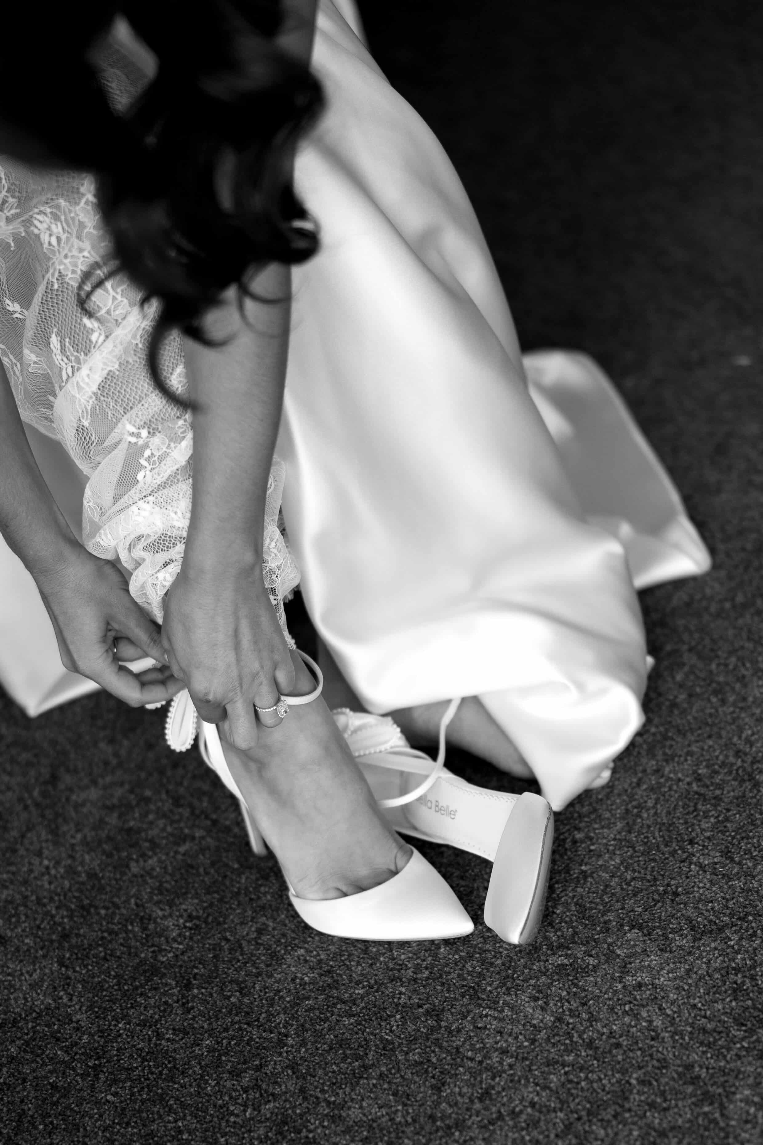 Buy Mirabelle - Ivory Pearl Stiletto Wedding Heels with Ankle Strap Bow online | The White Collection Australia