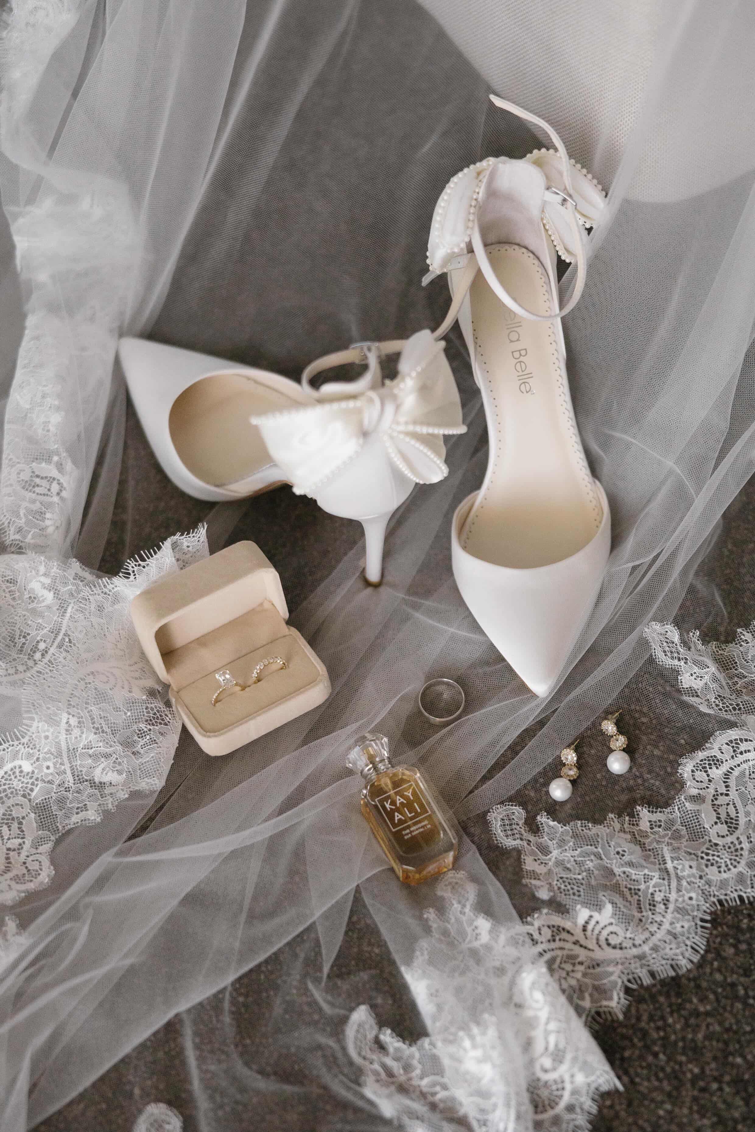 Buy Mirabelle - Ivory Pearl Stiletto Wedding Heels with Ankle Strap Bow online | The White Collection Australia