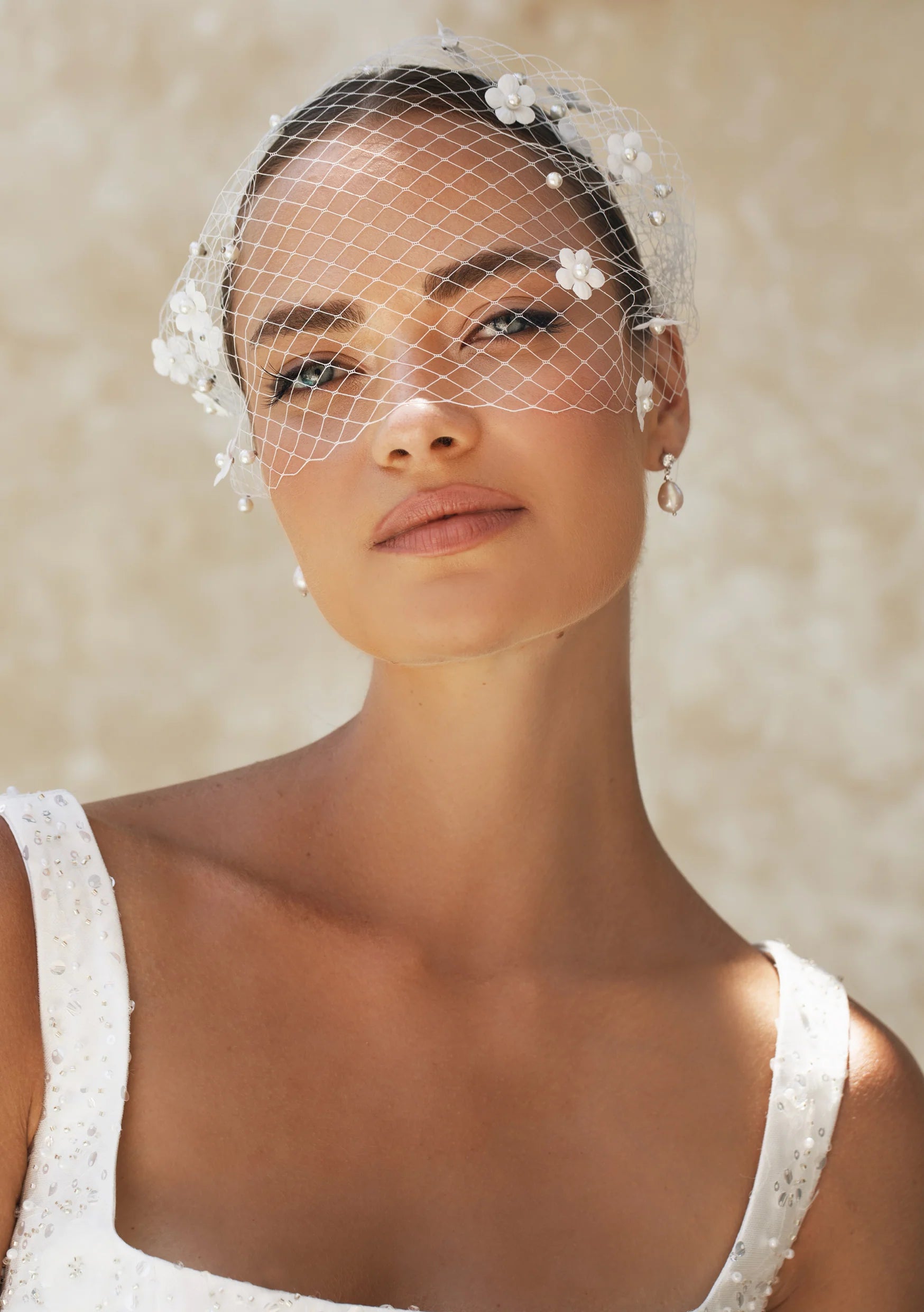 Lola Knight Blossom ivory flower pearl birdcage veil, The White Collection Australia
