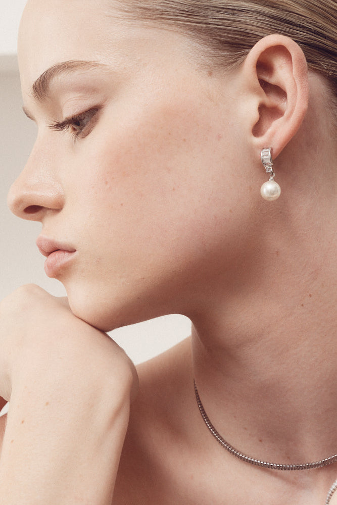 Buy Brianna - Elegant Baguette Crystal and Pearl Drop Bridal Earrings online | The White Collection Australia