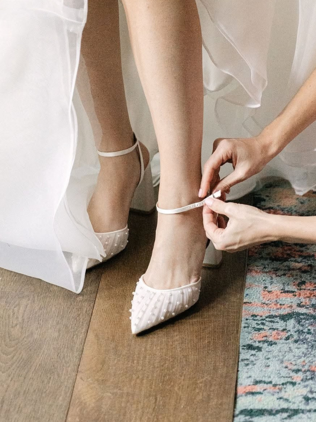 Elle - Tulle Block Heeled Point with Handsewn Pearls - Soft White