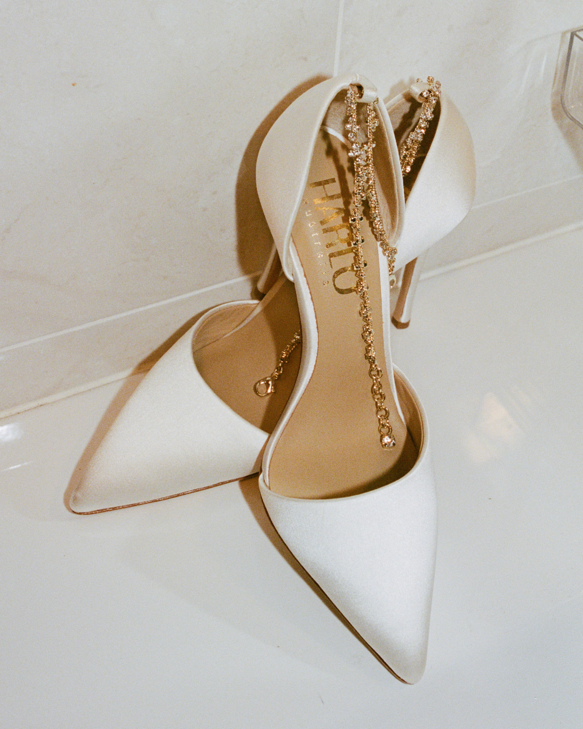 Daniela - Satin Pointed Toe Stiletto With Ankle Bracelet - Soft White