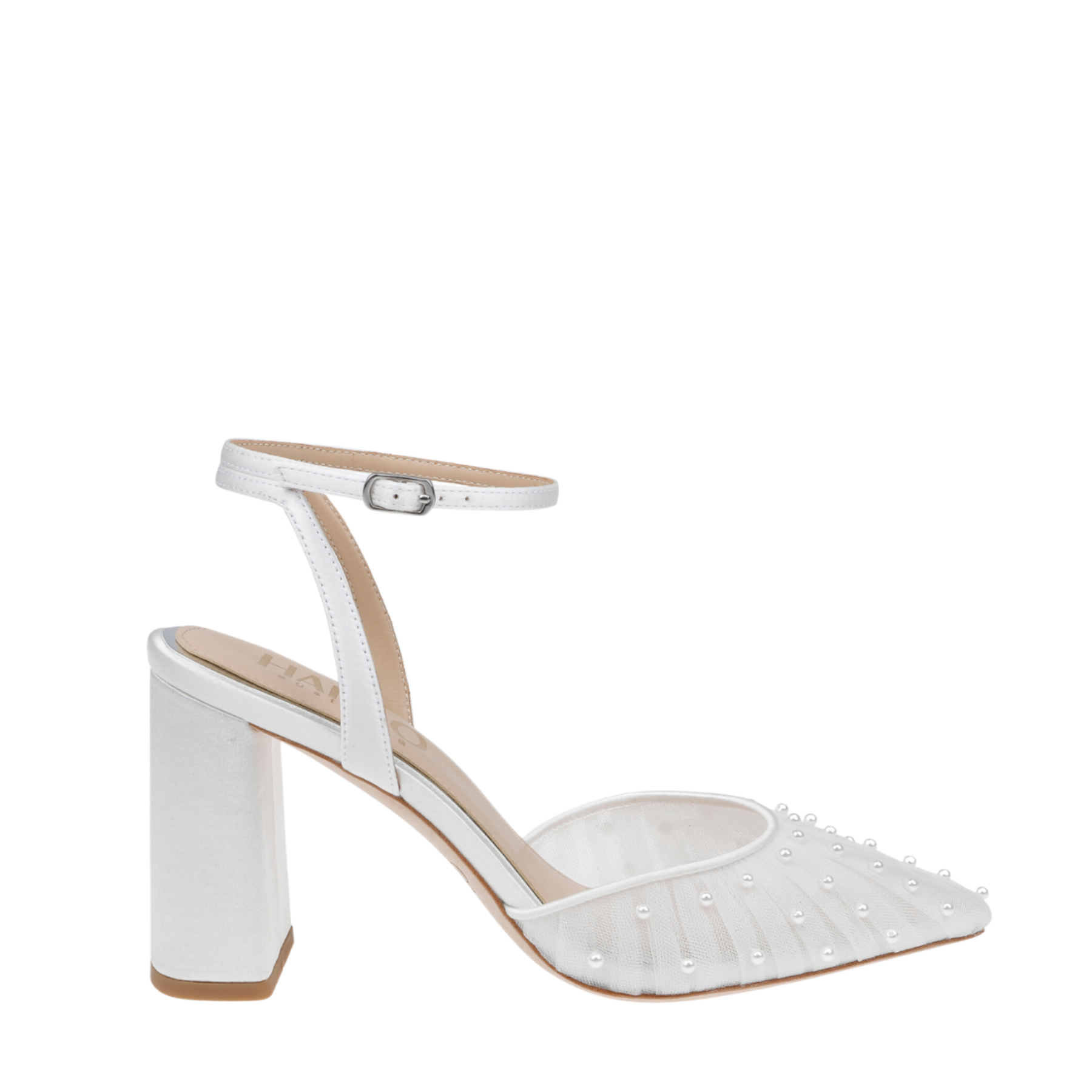 Elle - Tulle Block Heeled Point with Handsewn Pearls - Soft White