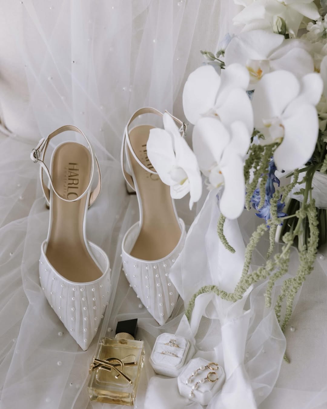 Elle - Tulle Block Heeled Point with Handsewn Pearls - Soft White