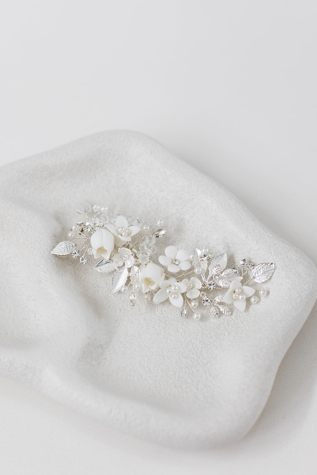 Buy Evangeline - Delicate Porcelain Floral & Crystal Pearl Bridal Hair Clip online | The White Collection Australia