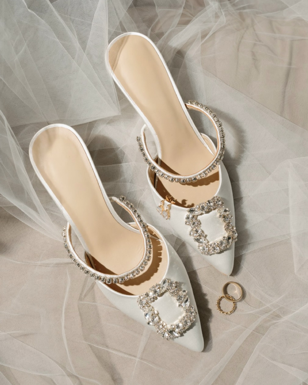 Faith - Pointed Toe Crystal Embellished Kitten Mule - Soft White
