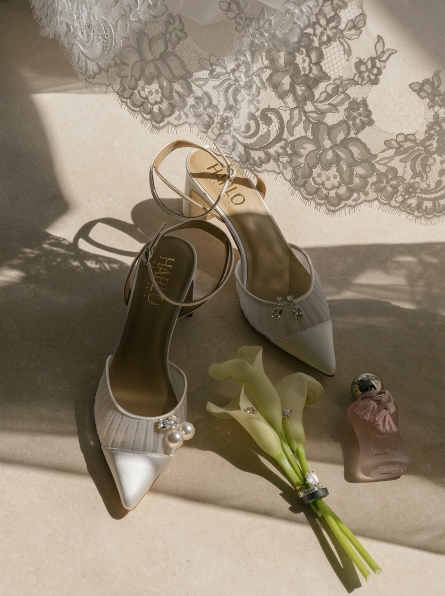 Farah -  Tulle & Satin Pointed Toe Low Block Heel - Soft White