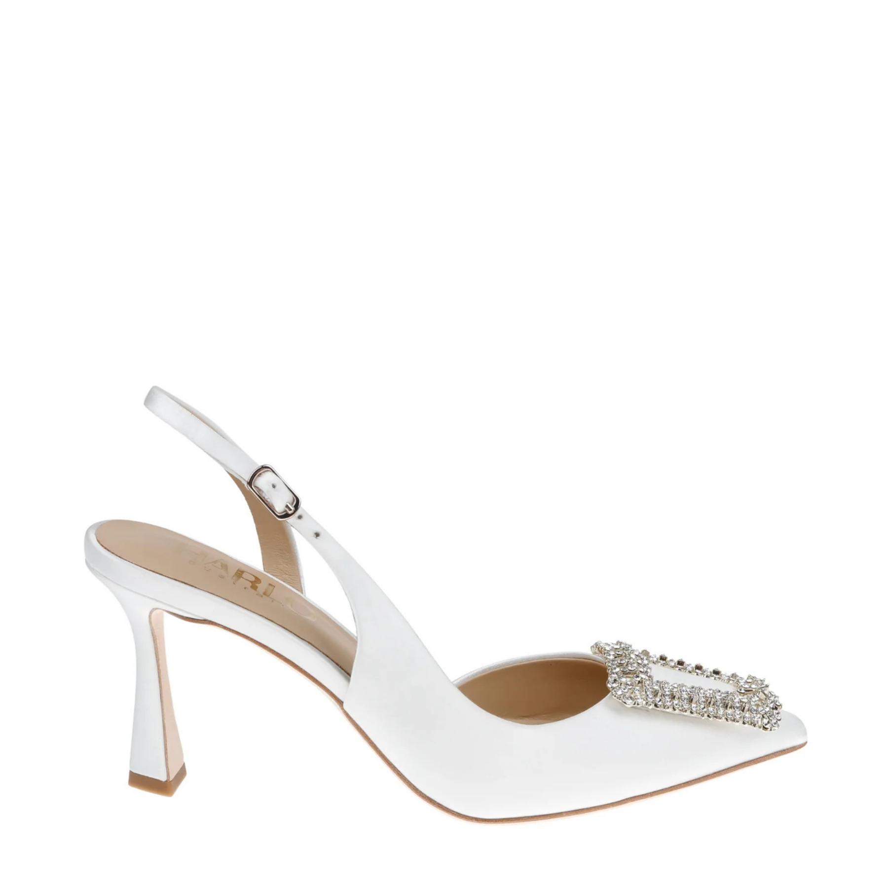 Freya - Pointed Toe Slingback Stiletto with Crystal Buckle - Soft White